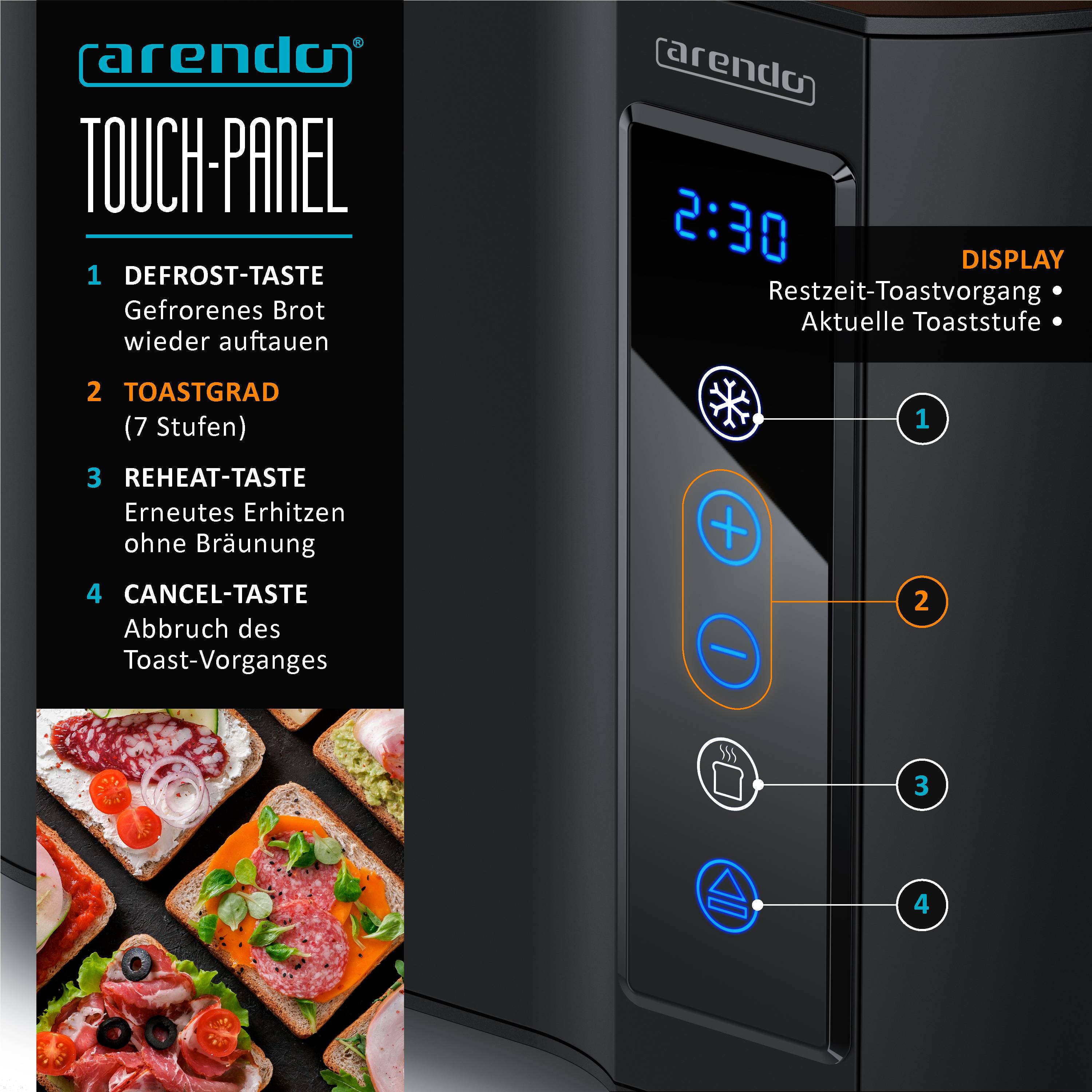 Arendo Toaster Kurzschlitz, Brötchenaufsatz, Wärmeisoliertes Gehäuse, Display, Touch
