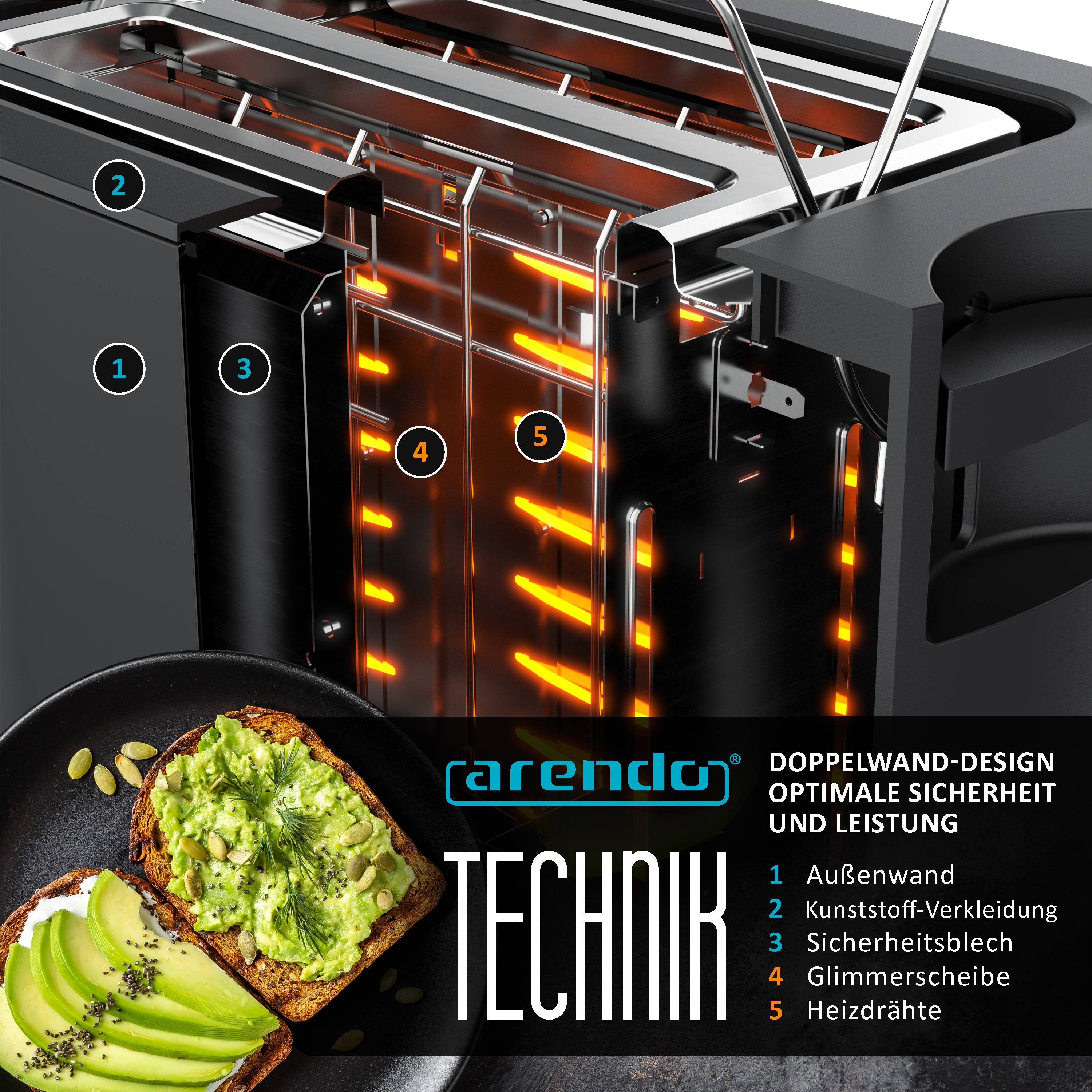 Arendo Toaster Kurzschlitz, Brötchenaufsatz, wärmeisoliertes Gehäuse, Display, Touch, 800 W, Edelstahl, Kunststoff