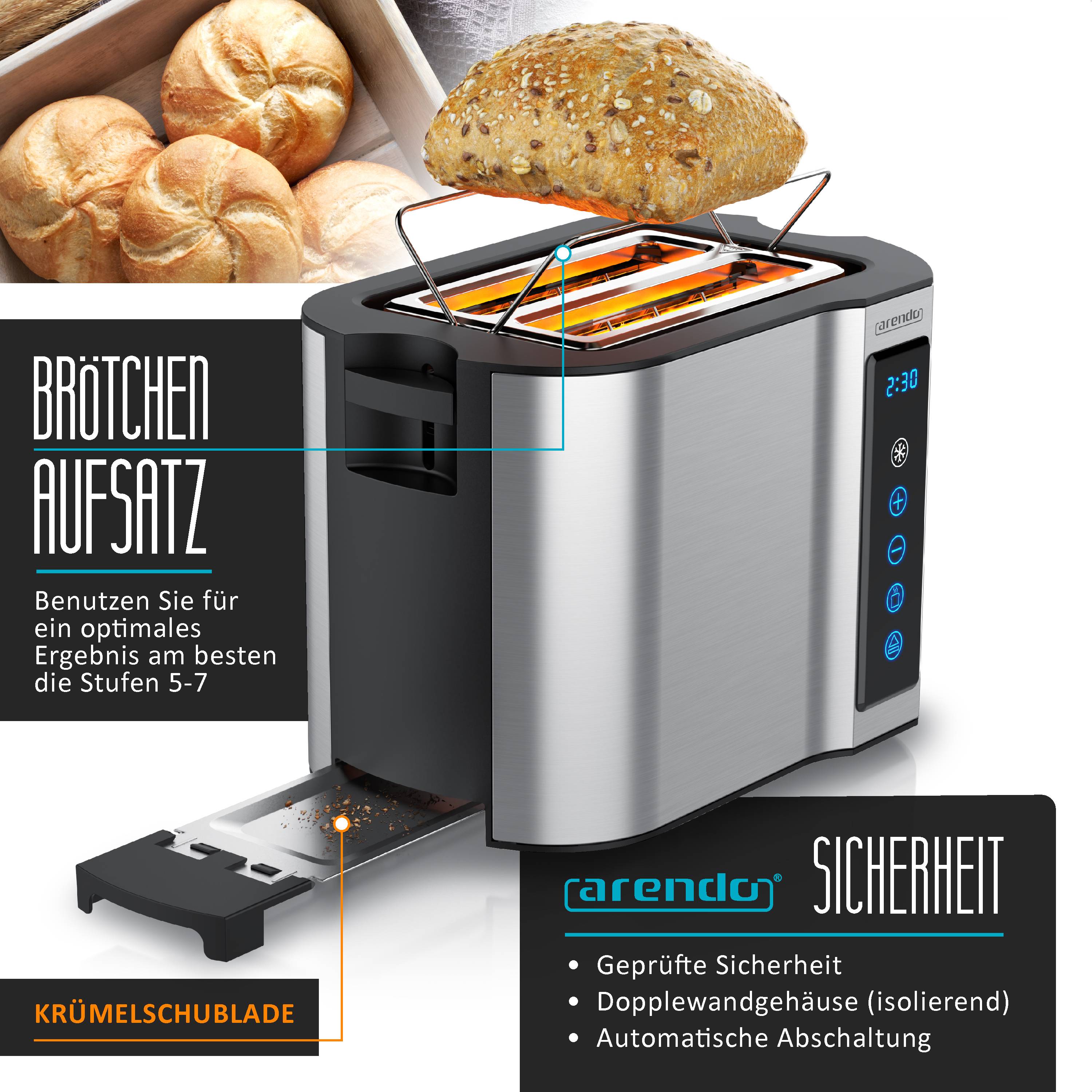 Arendo Toaster 2-Scheiben Edelstahl Touchpanel, 800 W, Doppelwandgehäuse, Integrierter Brötchenaufsatz, 7 Bräunungsgrade