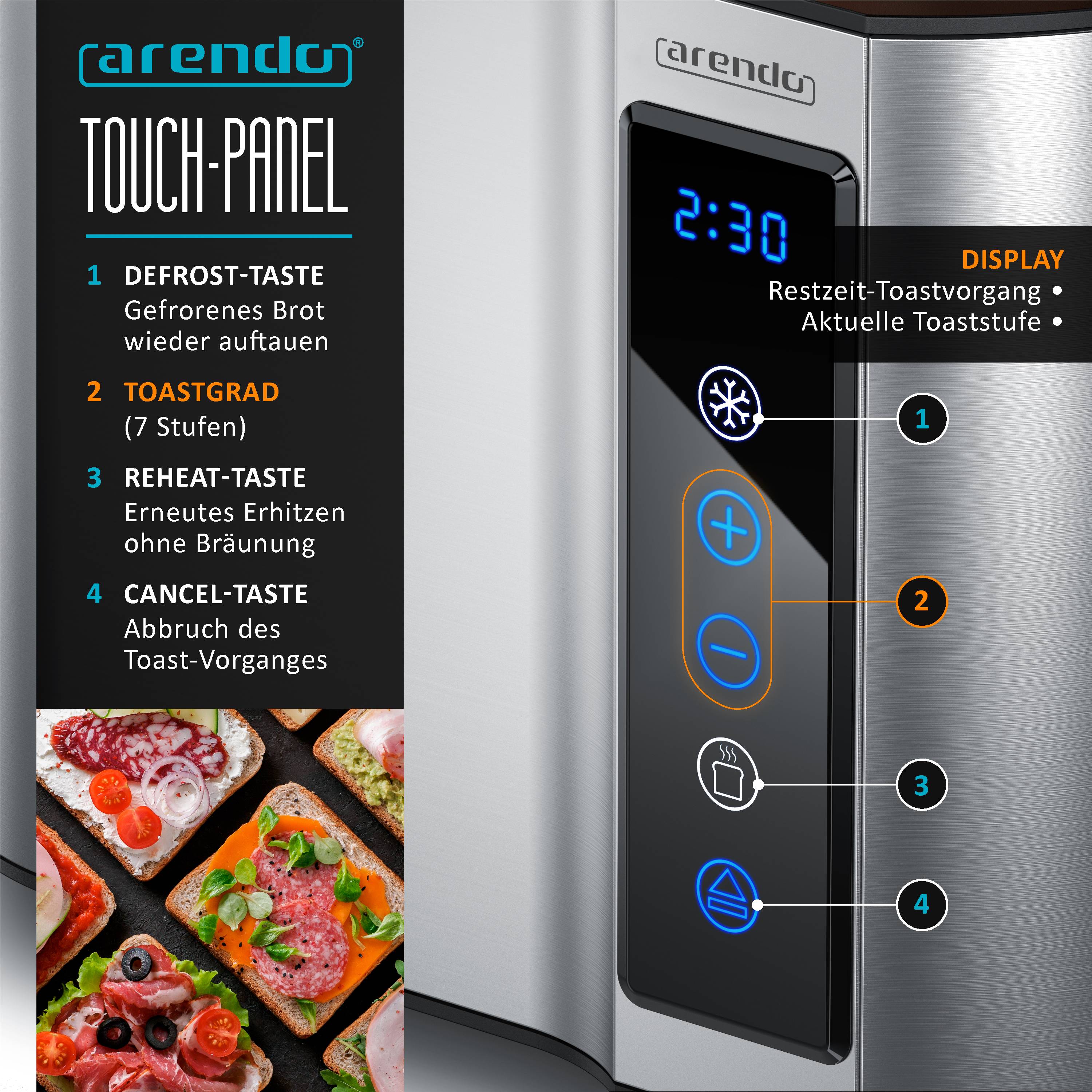Arendo Toaster 2-Scheiben Edelstahl Touchpanel, 800 W, Doppelwandgehäuse, Integrierter Brötchenaufsatz, 7 Bräunungsgrade