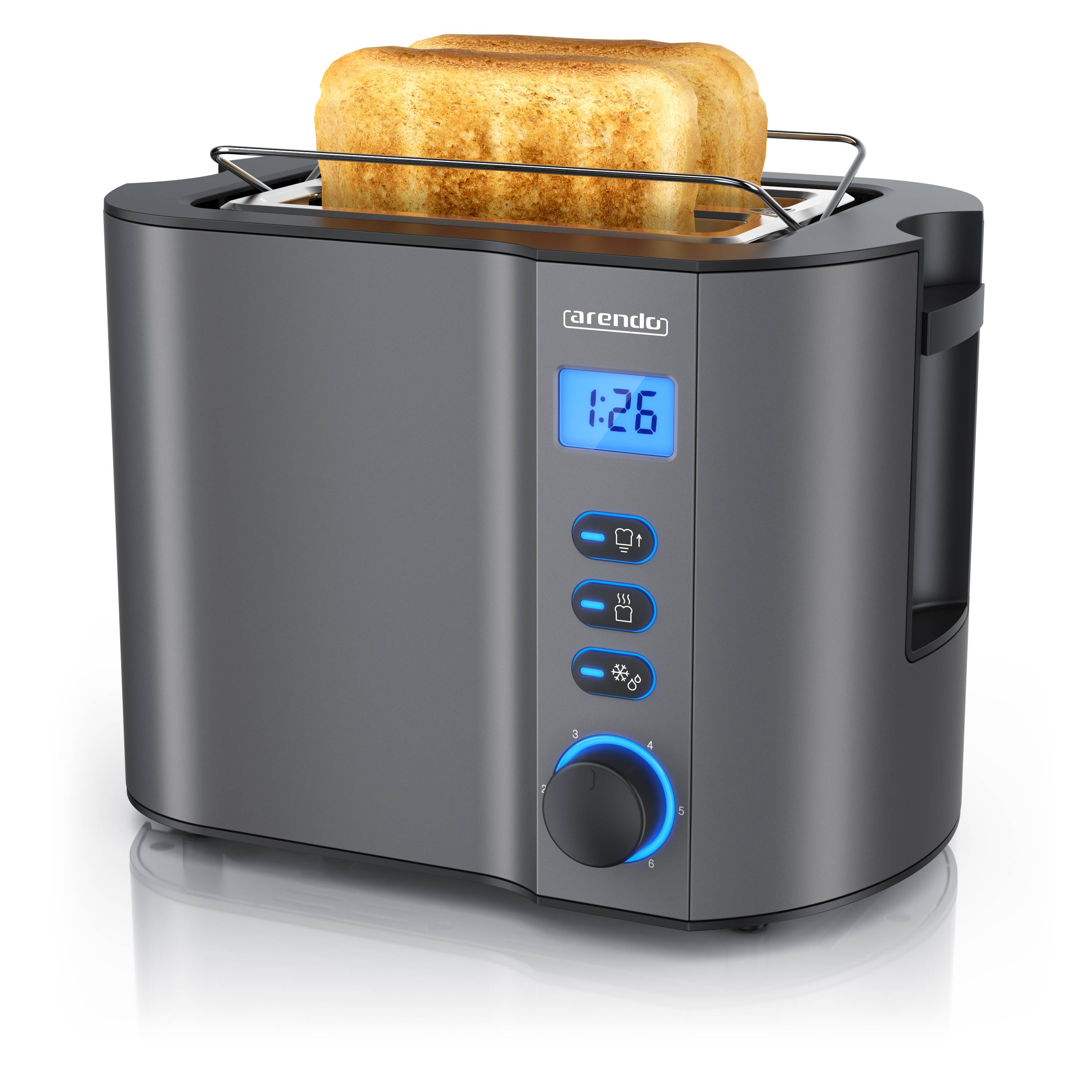 Arendo MANHA Toaster mit Restzeitanzeige, 2 Toastschlitze, integrierter Brötchenaufsatz, 6 Stufen, Auftaufunktion