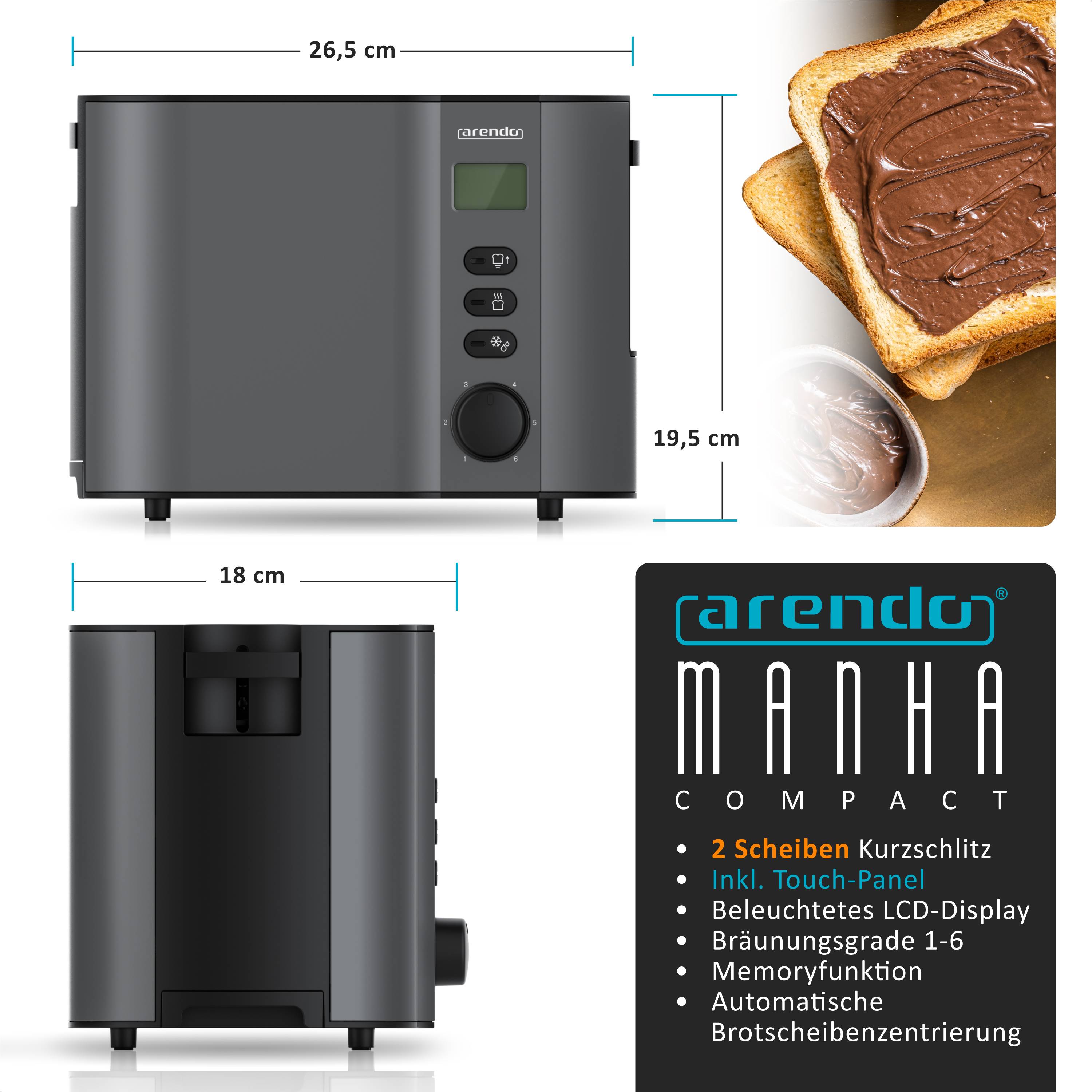 Arendo MANHA Toaster mit Restzeitanzeige, 2 Toastschlitze, integrierter Brötchenaufsatz, 6 Stufen, Auftaufunktion, 800 W
