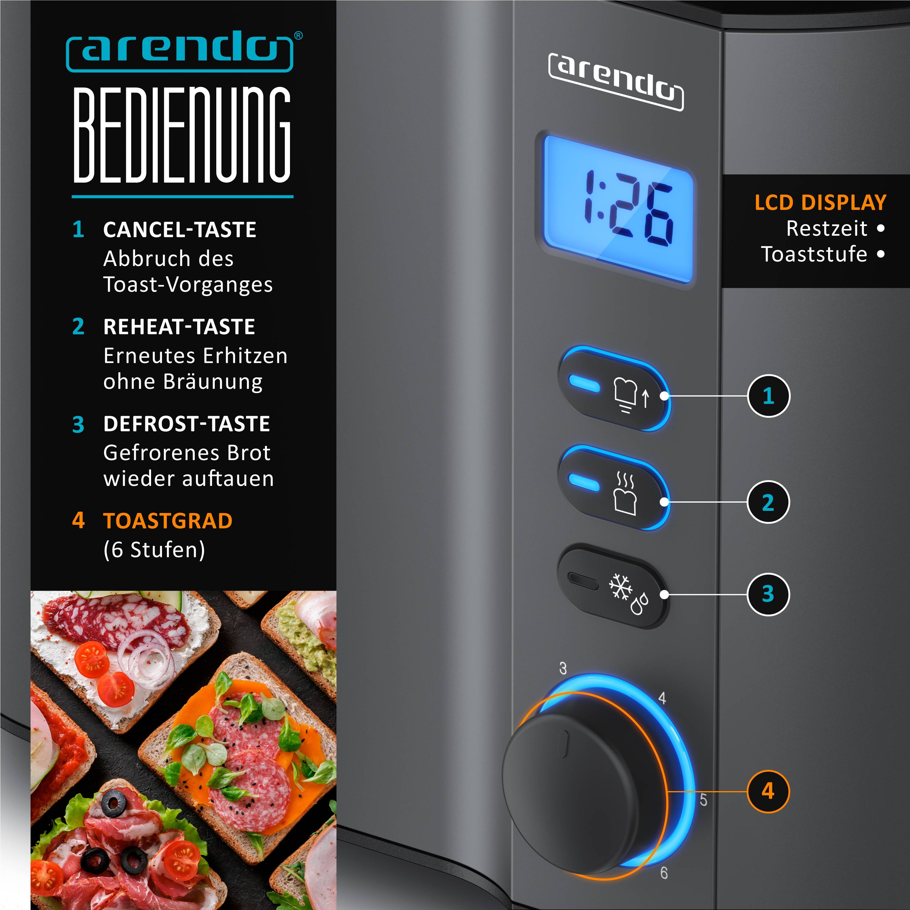 Arendo MANHA Toaster mit Restzeitanzeige, 2 Toastschlitze, integrierter Brötchenaufsatz, 6 Stufen, Auftaufunktion, 800 W