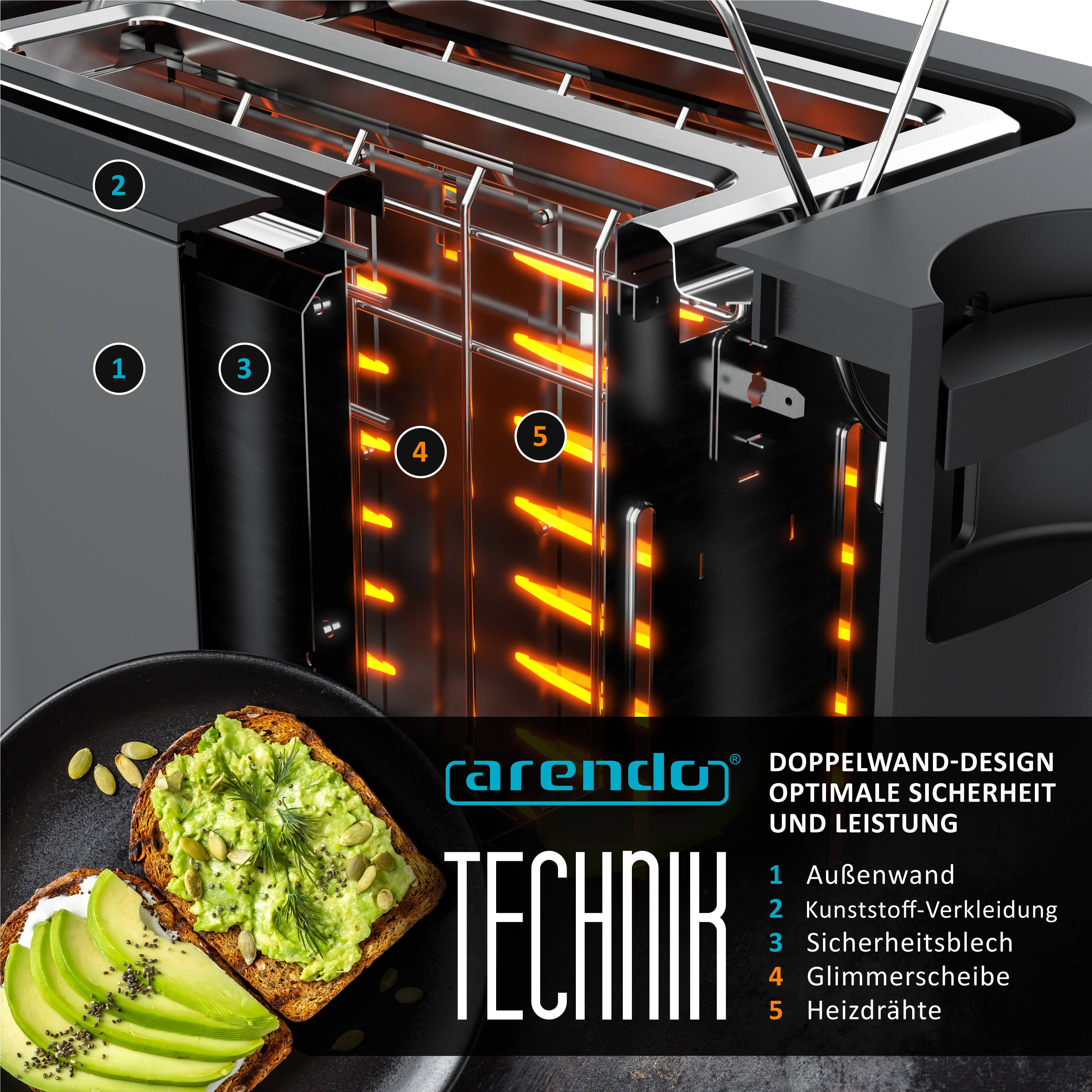 Arendo MANHA Toaster mit Restzeitanzeige, 2 Toastschlitze, integrierter Brötchenaufsatz, 6 Stufen, Auftaufunktion, 800 W