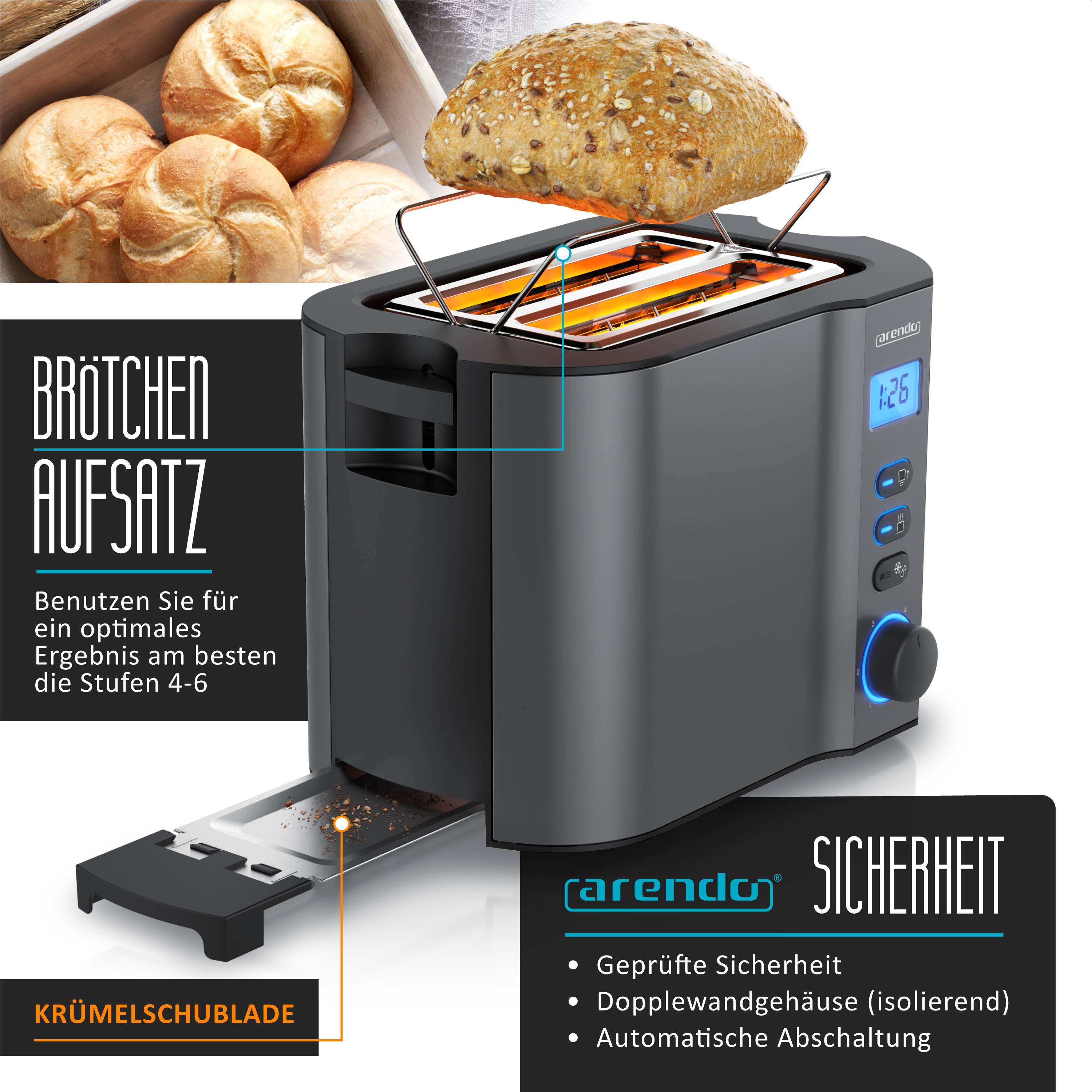 Arendo MANHA Toaster mit Restzeitanzeige, 2 Toastschlitze, integrierter Brötchenaufsatz, 6 Stufen, Auftaufunktion, 800 W