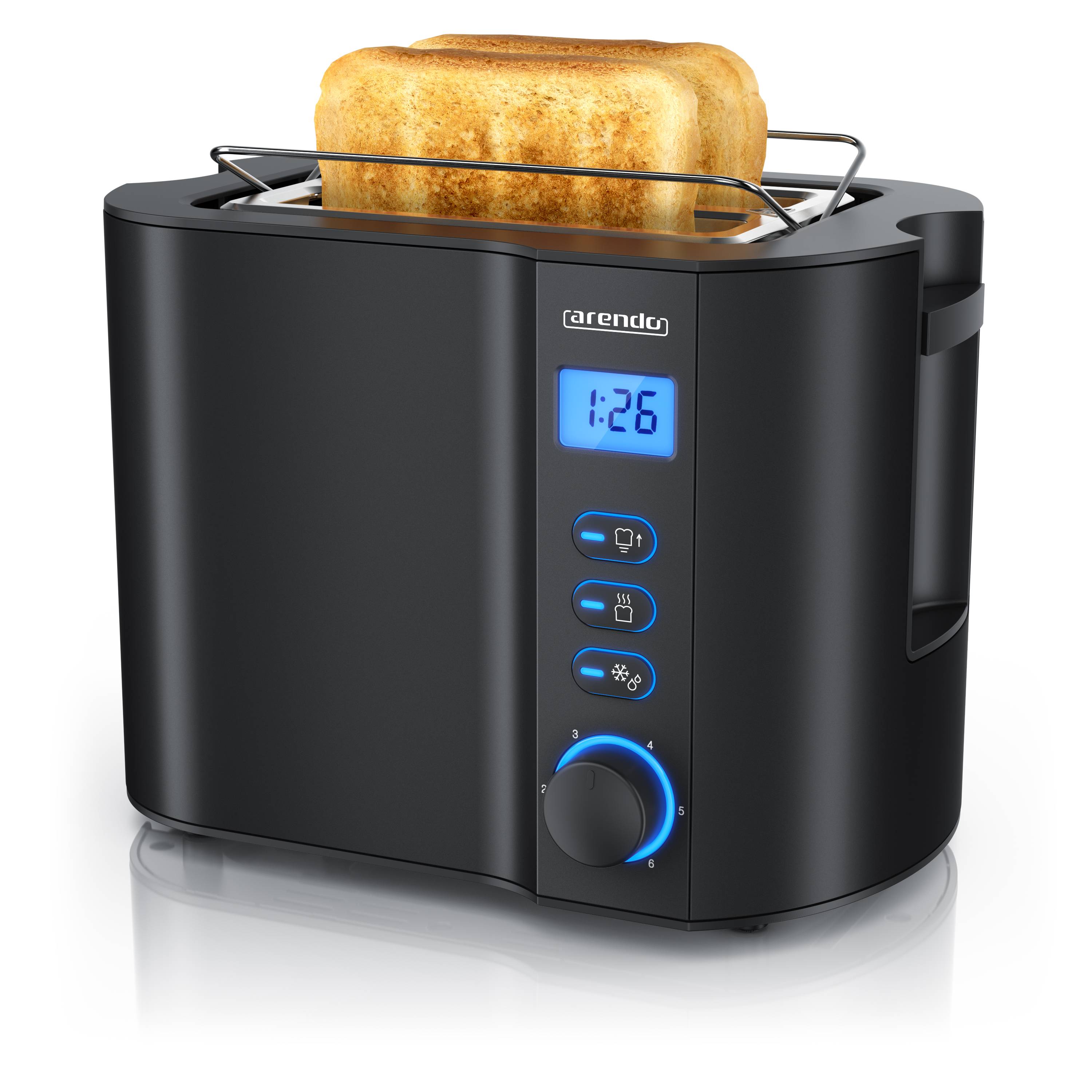 Arendo 2-Scheiben Toaster mit 6 Bräunungsstufen, LCD-Display mit Restzeitanzeige, 800 Watt, Auftaufunktion, schwarz