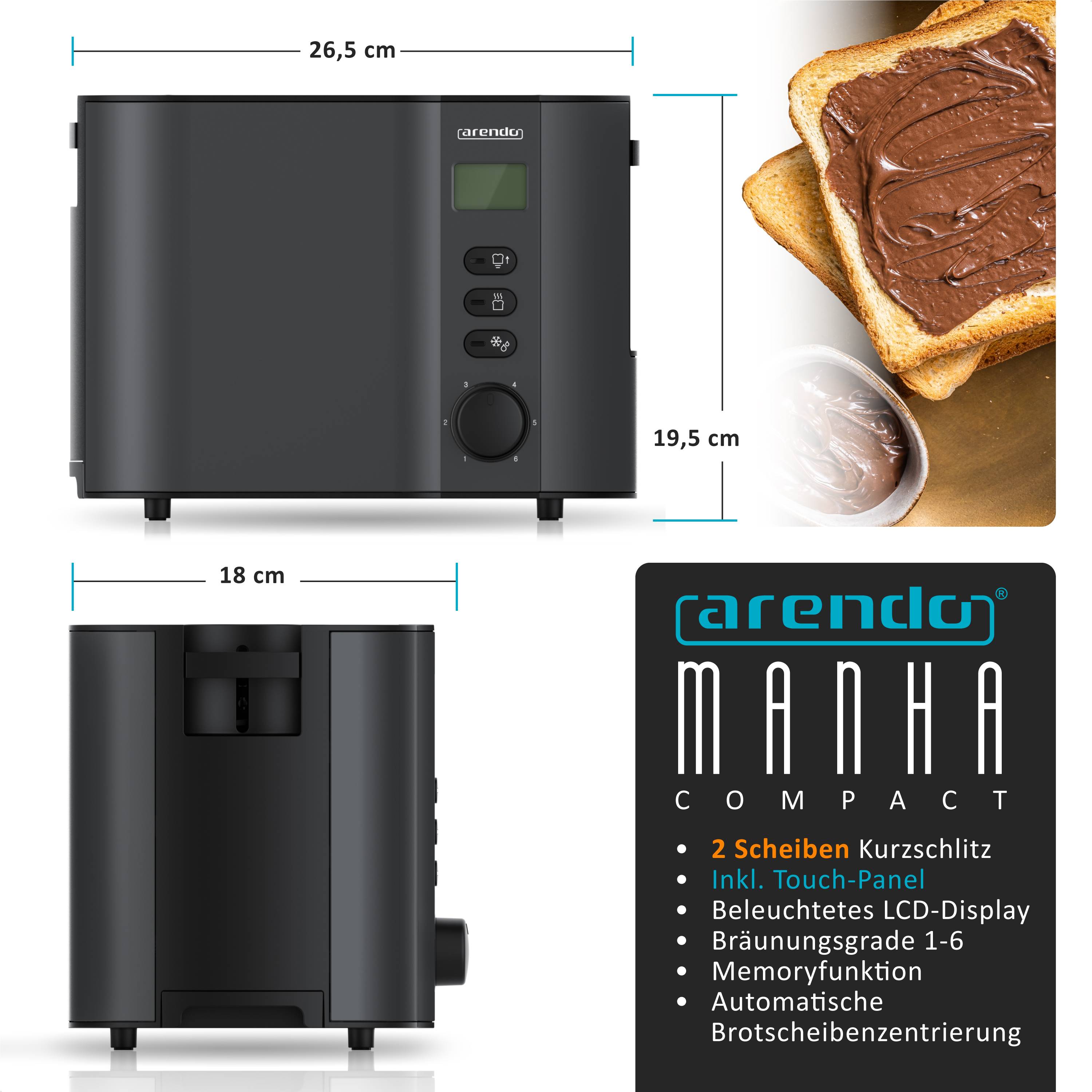 Arendo 2-Scheiben Toaster mit 6 Bräunungsstufen, LCD-Display mit Restzeitanzeige, 800 Watt, Auftaufunktion, schwarz