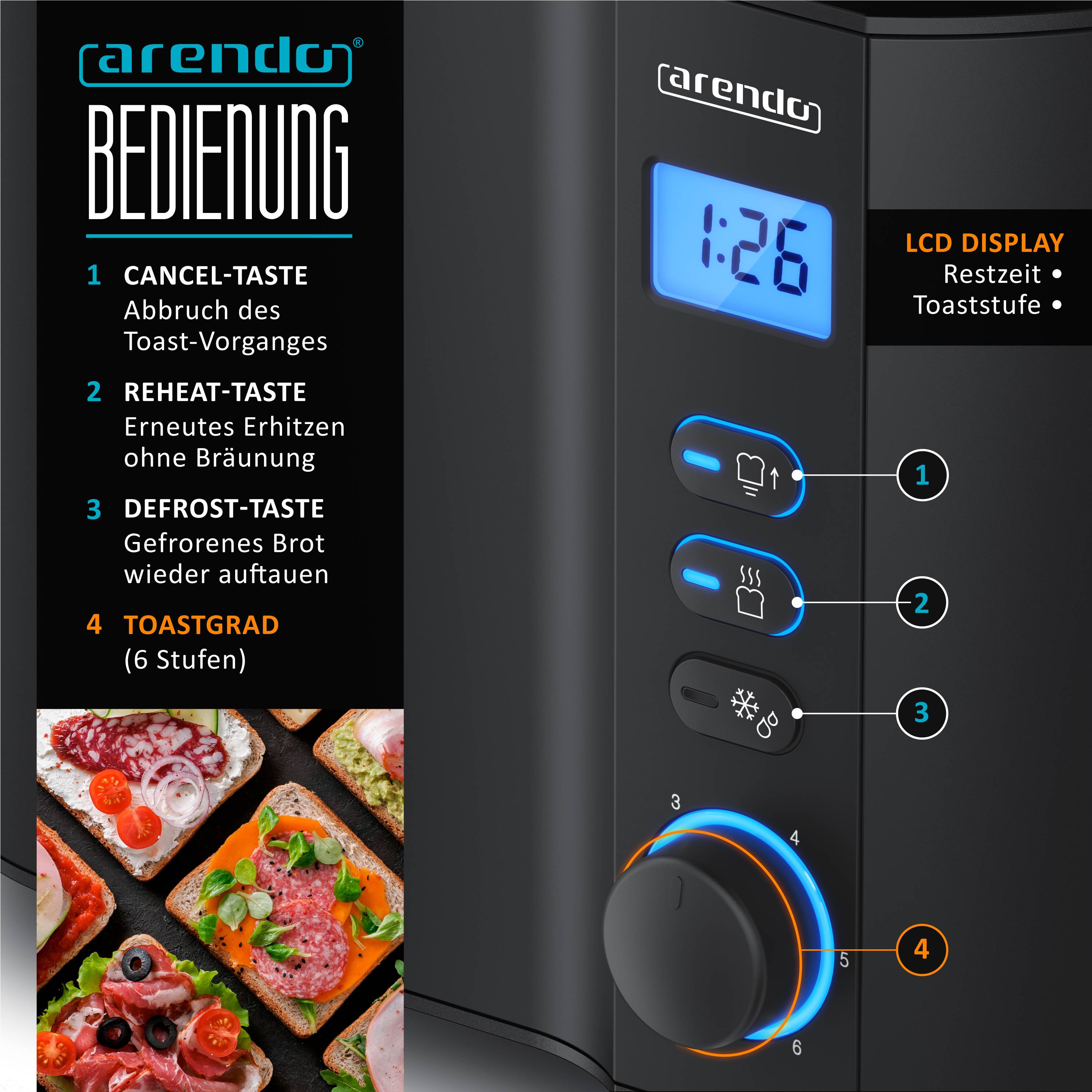 Arendo 2-Scheiben Toaster mit 6 Bräunungsstufen, LCD-Display mit Restzeitanzeige, 800 Watt, Auftaufunktion, schwarz