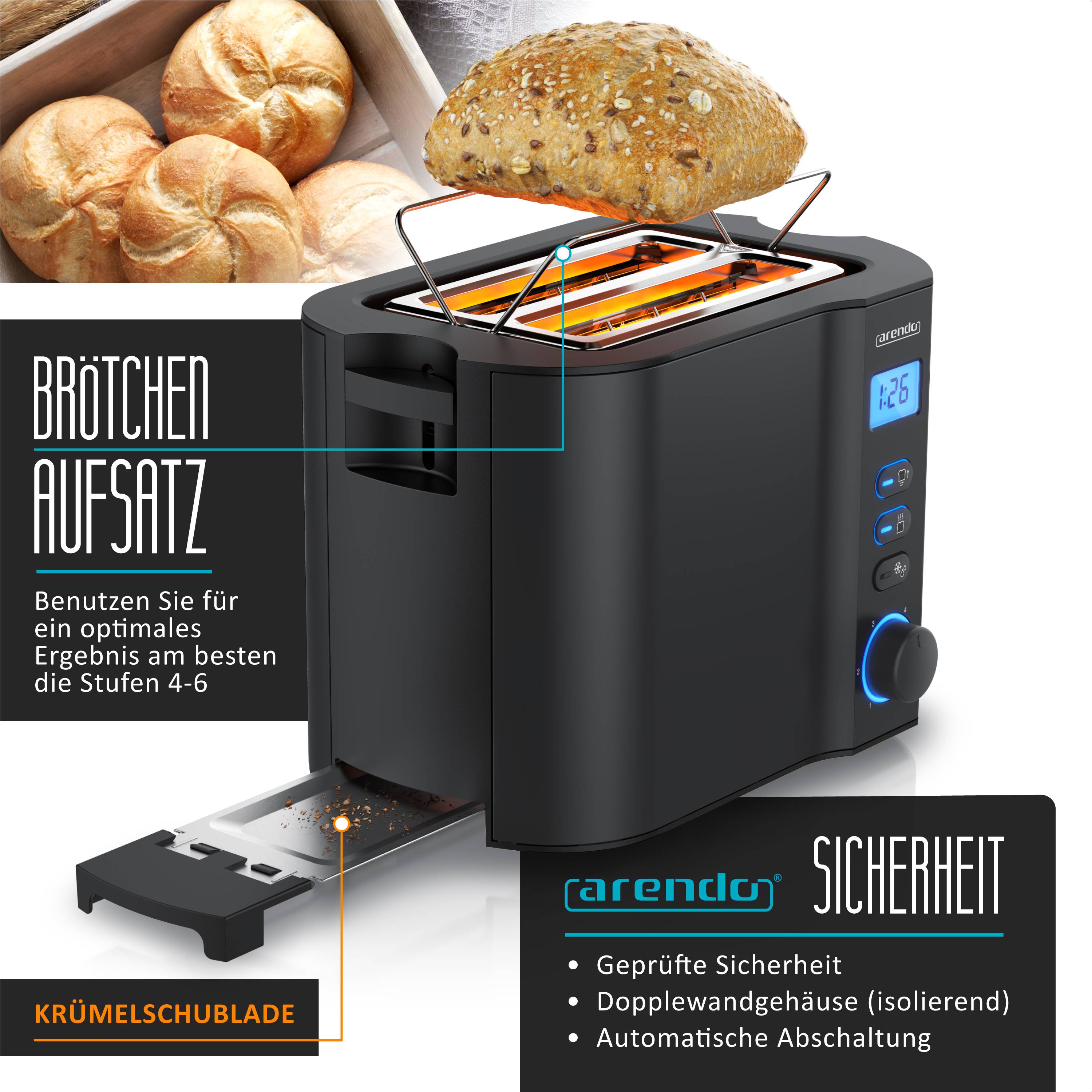 Arendo 2-Scheiben Toaster mit 6 Bräunungsstufen, LCD-Display mit Restzeitanzeige, 800 Watt, Auftaufunktion, schwarz
