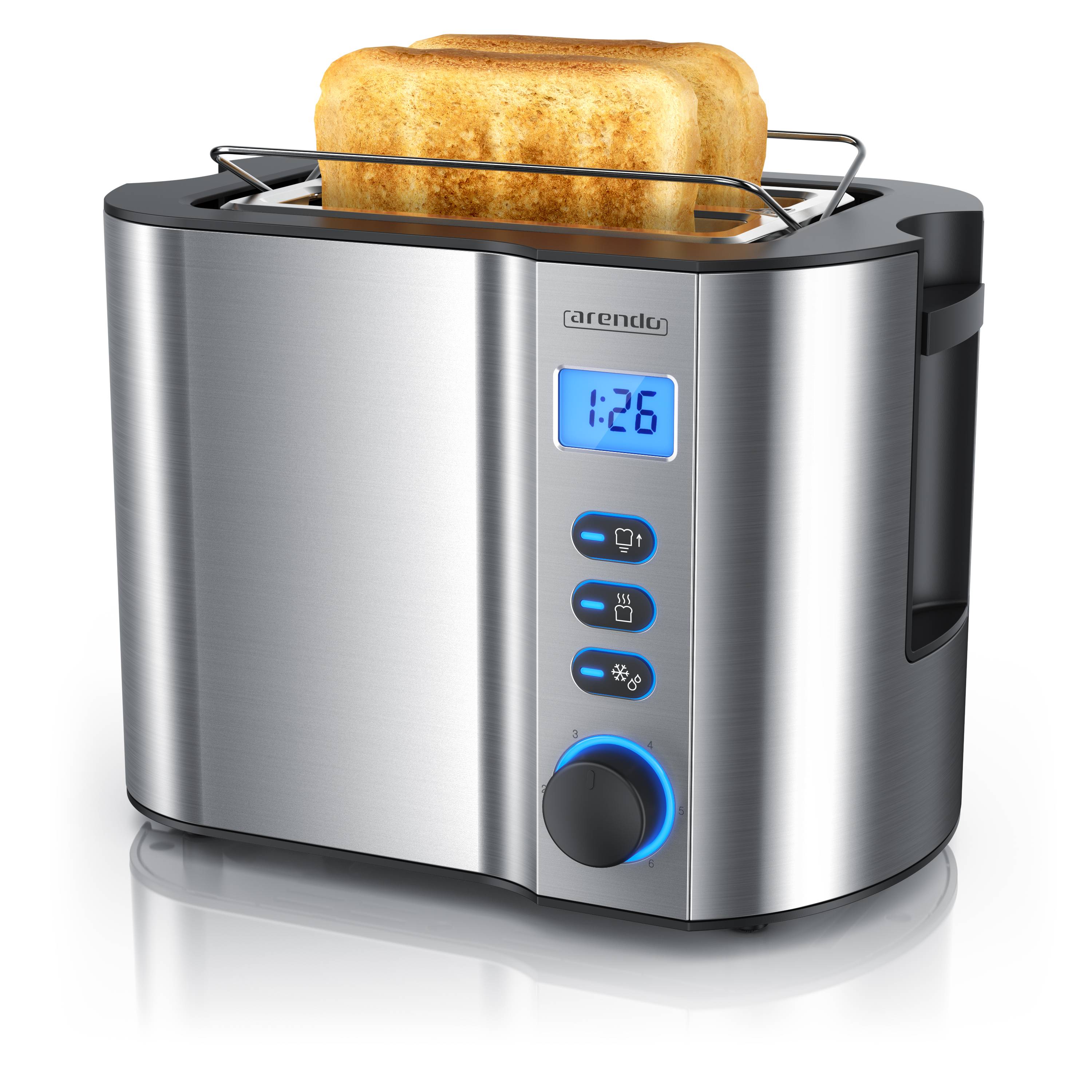 Arendo Toaster für 2 Scheiben mit Restzeitanzeige, 800 W, wärmeisolierendes Doppelwandgehäuse, Brötchenaufsatz, silber