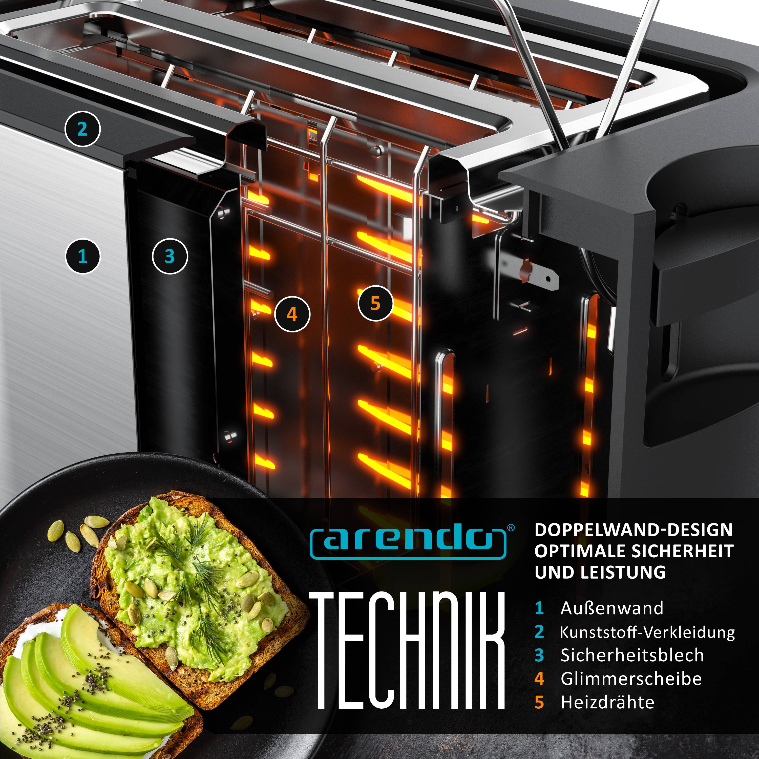 Arendo Toaster für 2 Scheiben mit Restzeitanzeige, 800 W, wärmeisolierendes Doppelwandgehäuse, Brötchenaufsatz, silber