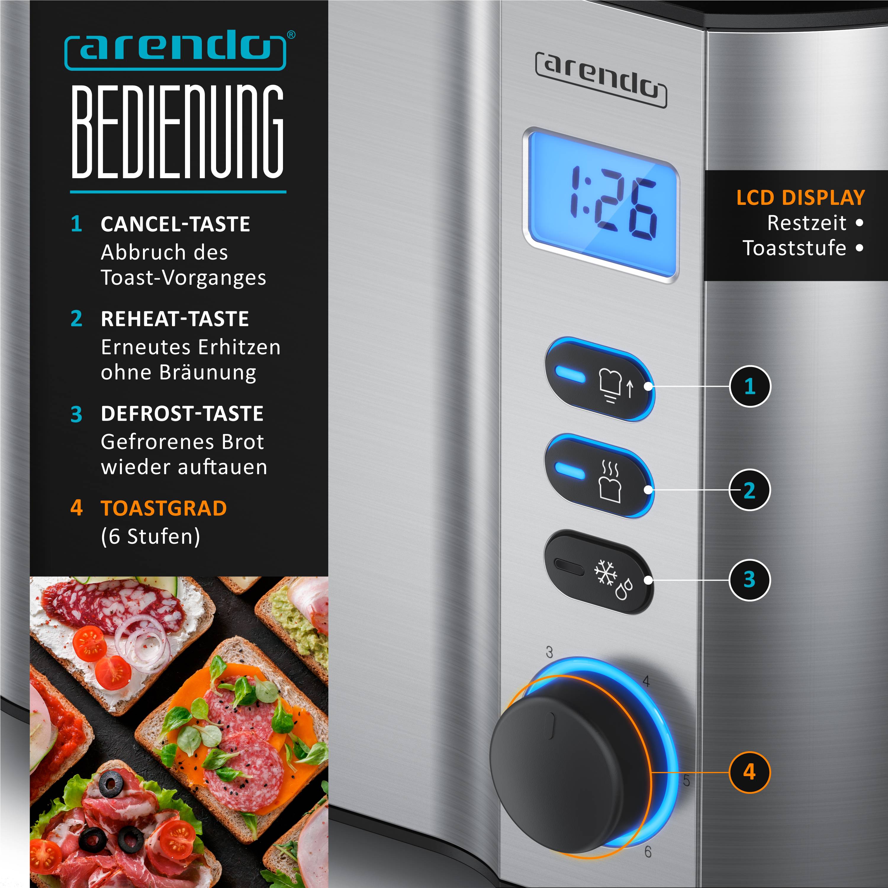Arendo Toaster für 2 Scheiben mit Restzeitanzeige, 800 W, wärmeisolierendes Doppelwandgehäuse, Brötchenaufsatz, silber