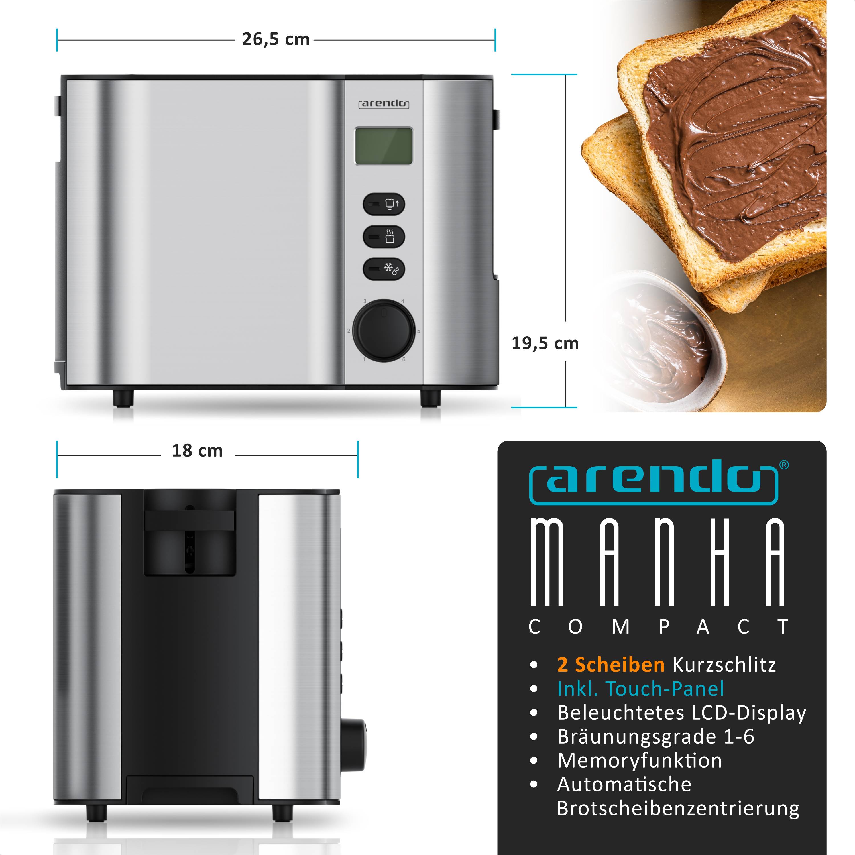 Arendo Toaster für 2 Scheiben mit Restzeitanzeige, 800 W, wärmeisolierendes Doppelwandgehäuse, Brötchenaufsatz, silber