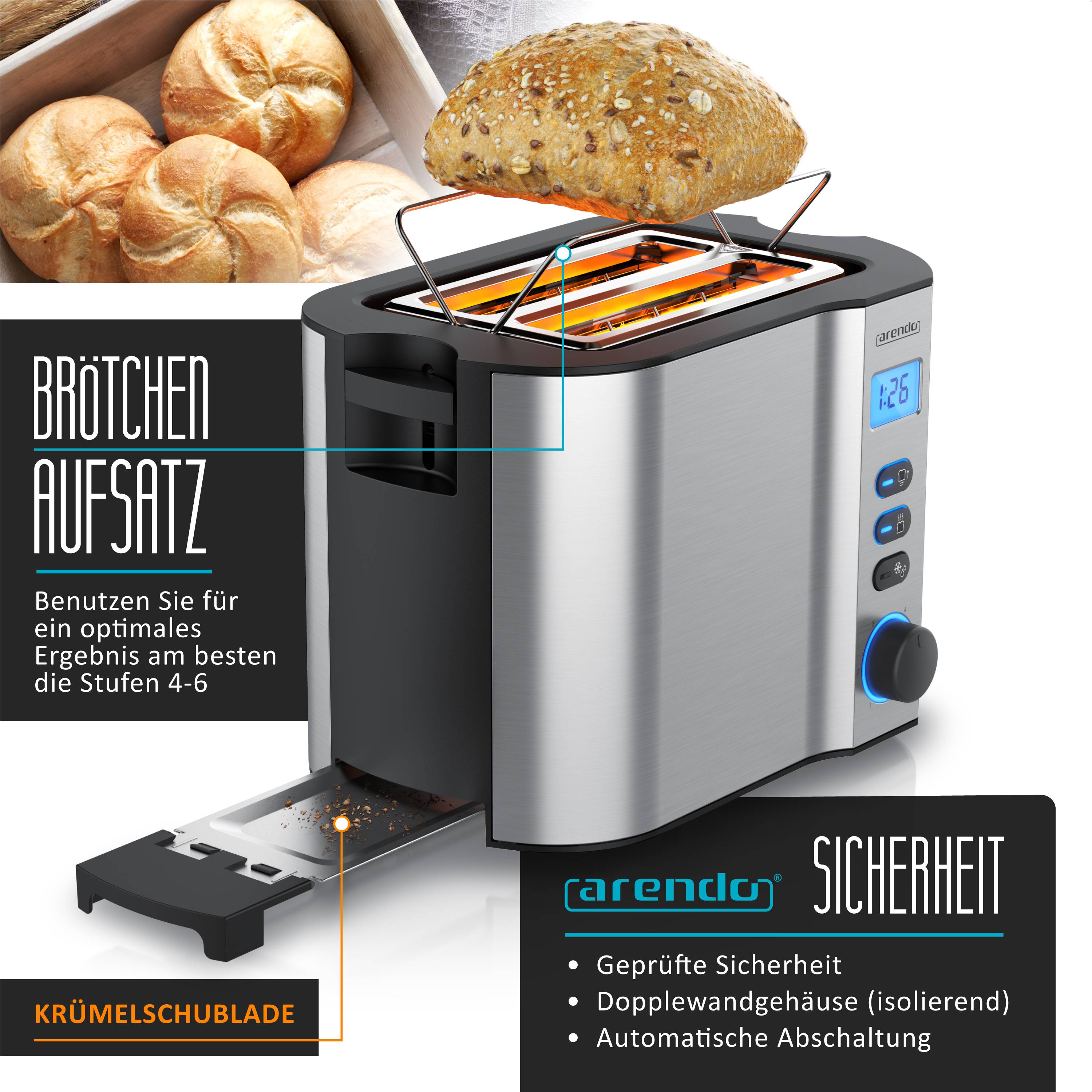 Arendo Toaster für 2 Scheiben mit Restzeitanzeige, 800 W, wärmeisolierendes Doppelwandgehäuse, Brötchenaufsatz, silber