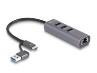 DELOCK - 3 Port USB 5 Gbps Hub+ Gigabit LAN mit Type-C