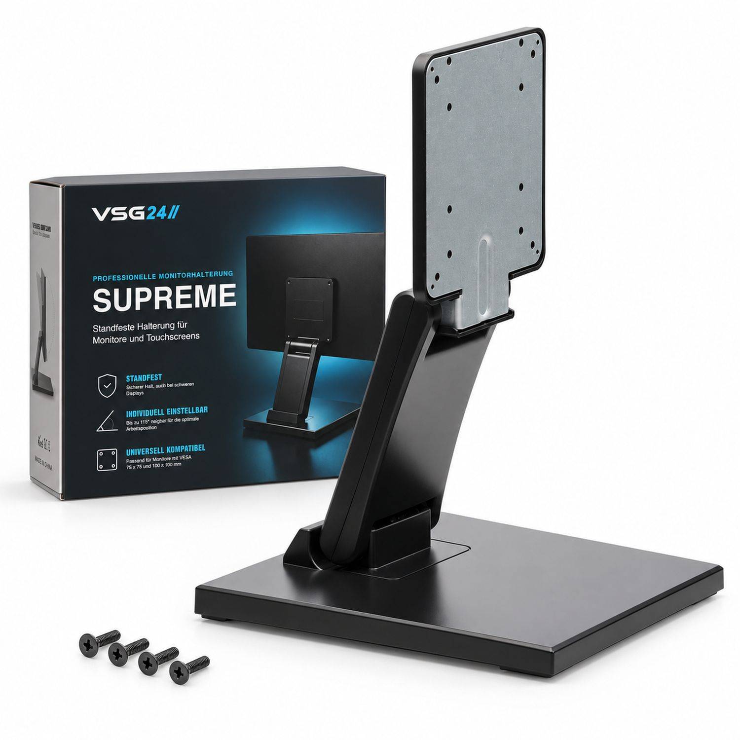 Verstellbarer schwarzer Tablet-Ständer mit Basis und Befestigungsschrauben, neben einer Produktschachtel mit dem Etikett „VSG24// SUPREME