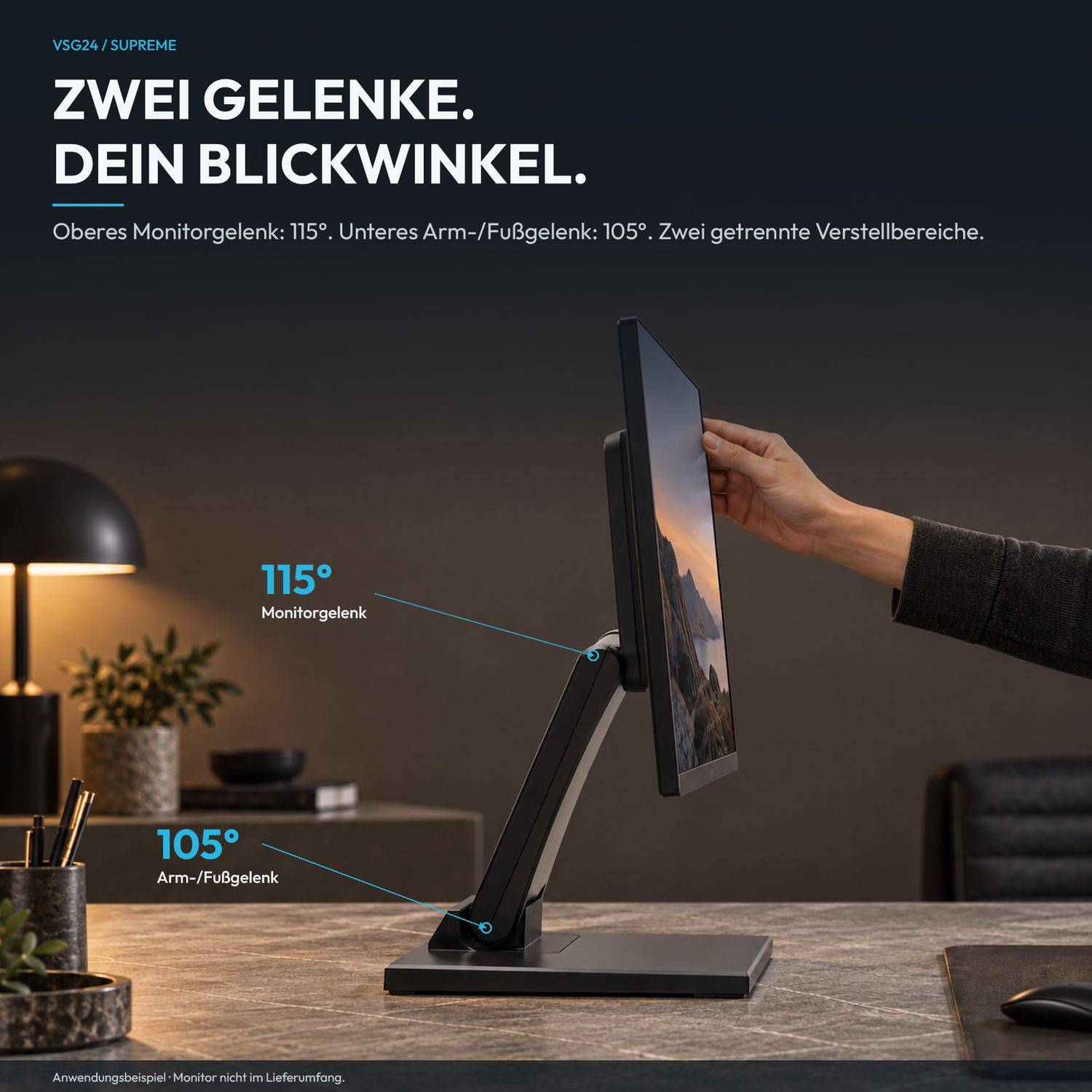 Monitor-Arm mit zwei Gelenken, zeigt 'ZWEI GELENKE. DEIN BLICKWINKEL.' und Winkel von 115° am Monitor-Gelenk und 105° am Arm-/Fußgelenk.