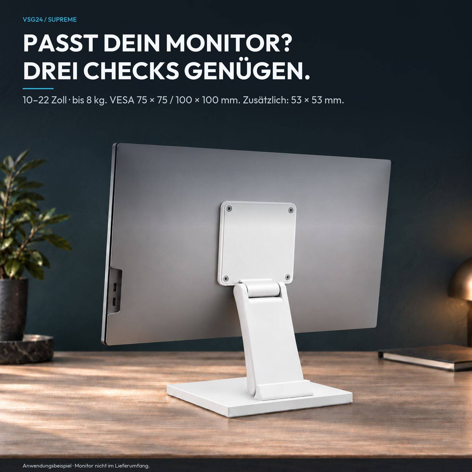 Werbebild eines Monitorständers mit hinten montiertem Bildschirm auf einem Schreibtisch, mit deutschem Text, der angibt, dass er für 10-22-Zoll-Monitore geeignet ist, bis zu 8 kg trägt und VESA 75 x 75 / 100 x 100 mm plus 53 x 53 mm unterstützt.
