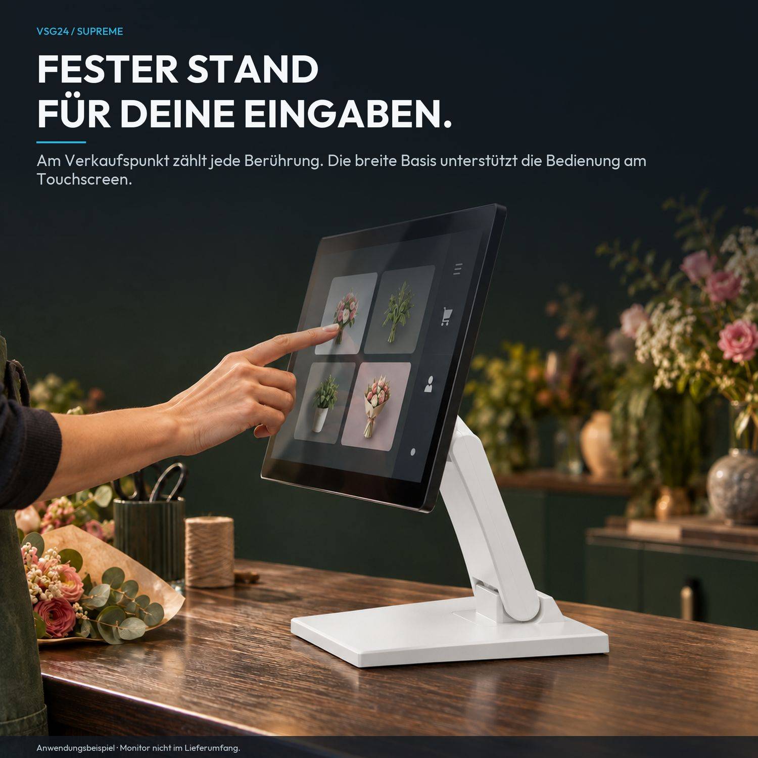 Werbebild eines Touchscreen-POS-Monitors auf einem weißen Ständer mit einer Hand, die auf das Display tippt; deutsche Überschrift bewirbt einen stabilen Ständer für die Eingabe.