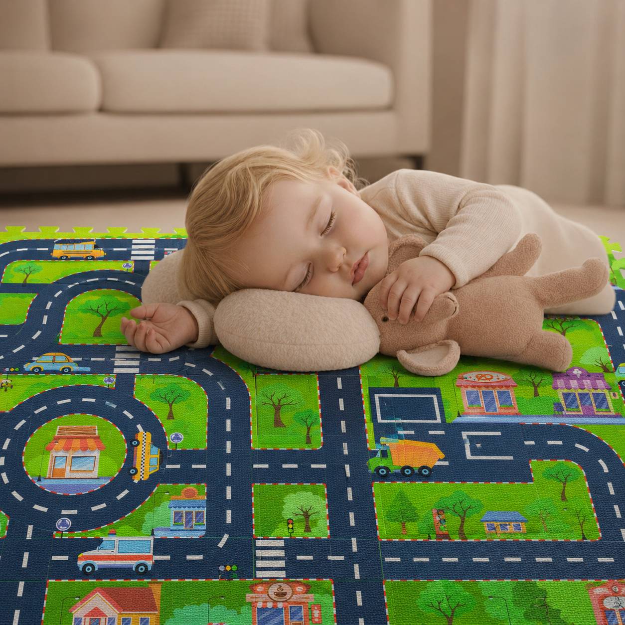 Schlafendes Kleinkind, das sich auf einer bunten Spielmatte mit Straßen und Gebäuden zusammengerollt hat, und einen Plüschtier umarmt, in einem Wohnzimmer.