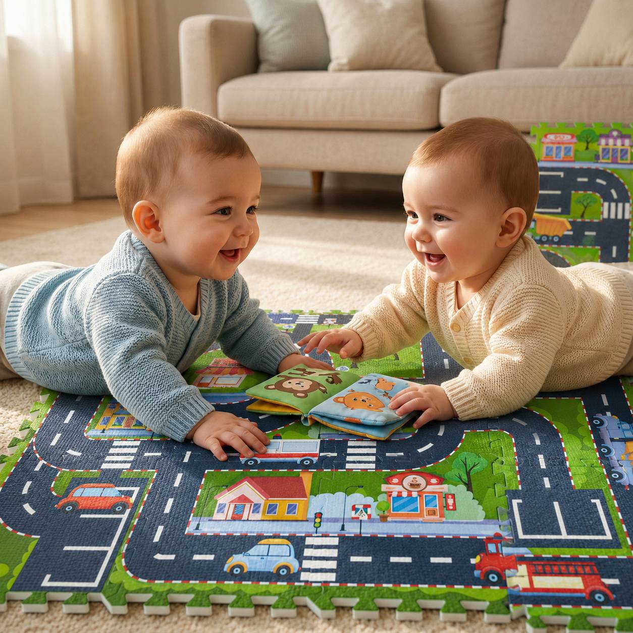 Zwei lächelnde Babys in Pullowern spielen zusammen auf einer bunten Straßen-Spielmatte in einem Wohnzimmer.