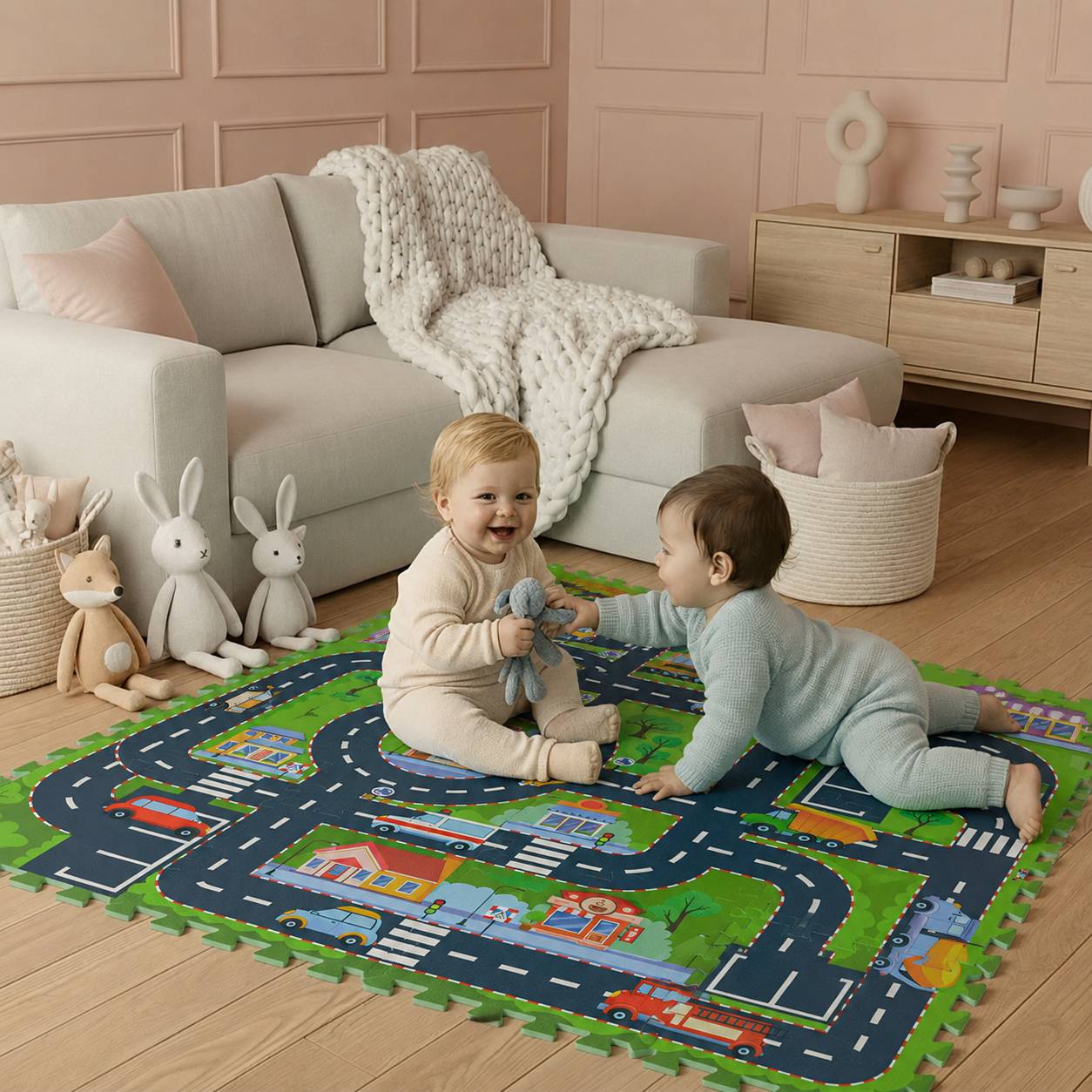 Zwei Kleinkinder sitzen auf einer bunten Schaumstoff-Spielmatte in Form einer Straßenkarte und teilen sich ein Kuscheltier in einem pastellfarbenen Wohnzimmer.