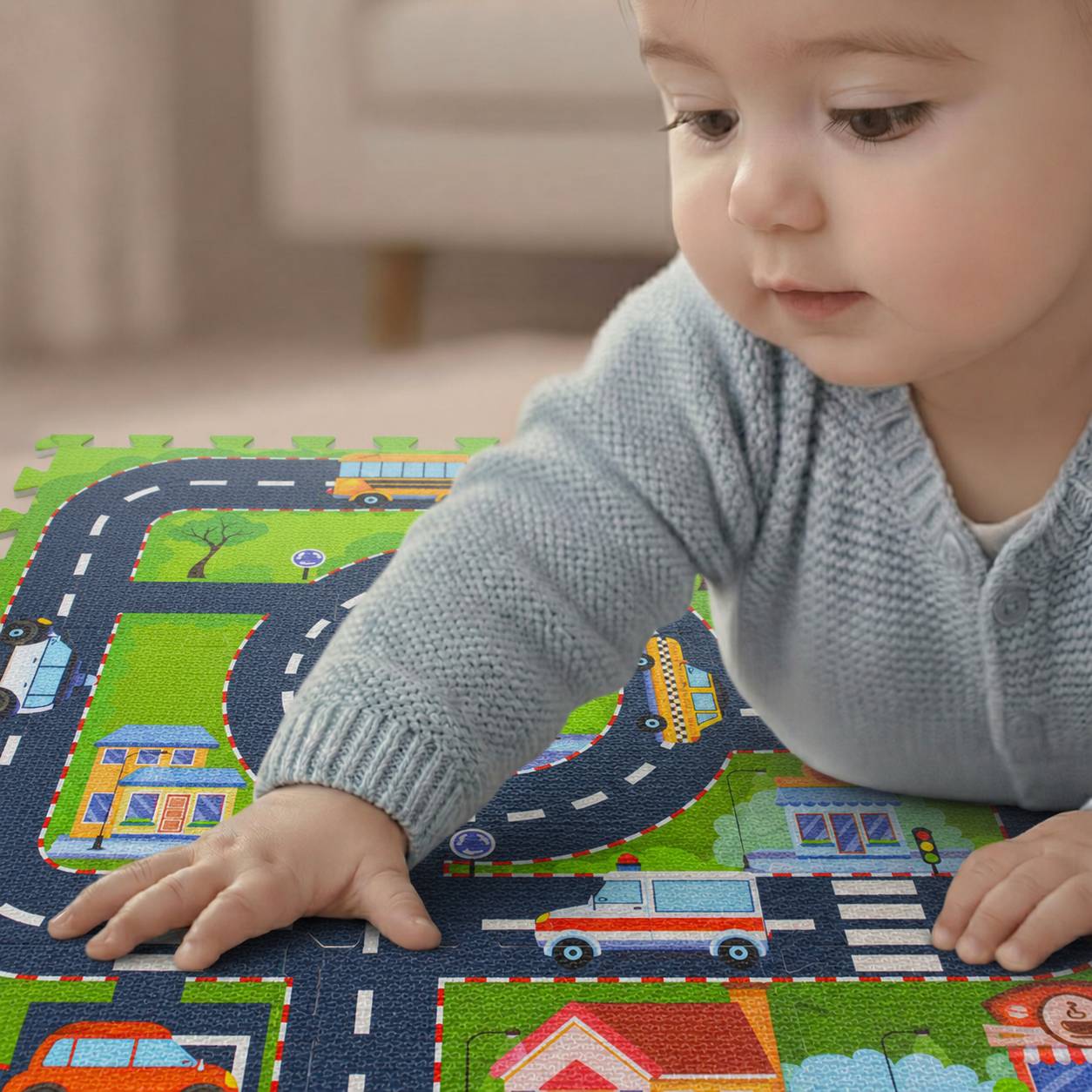 Ein kleines Kind in einem grauen Pullover spielt auf einer bunten Spielmatte mit Straßen und Stadt mit Spielzeugautos und Zebrastreifen.