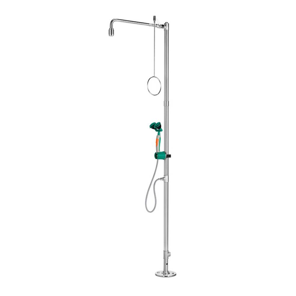 Körper-Notdusche - PremiumLine - mit Hand-Augendusche mit zwei Brauseköpfen 45° - Edelstahl poliert - Wasseranschluss 1 1/4-Zoll-IG - für Bodenmon