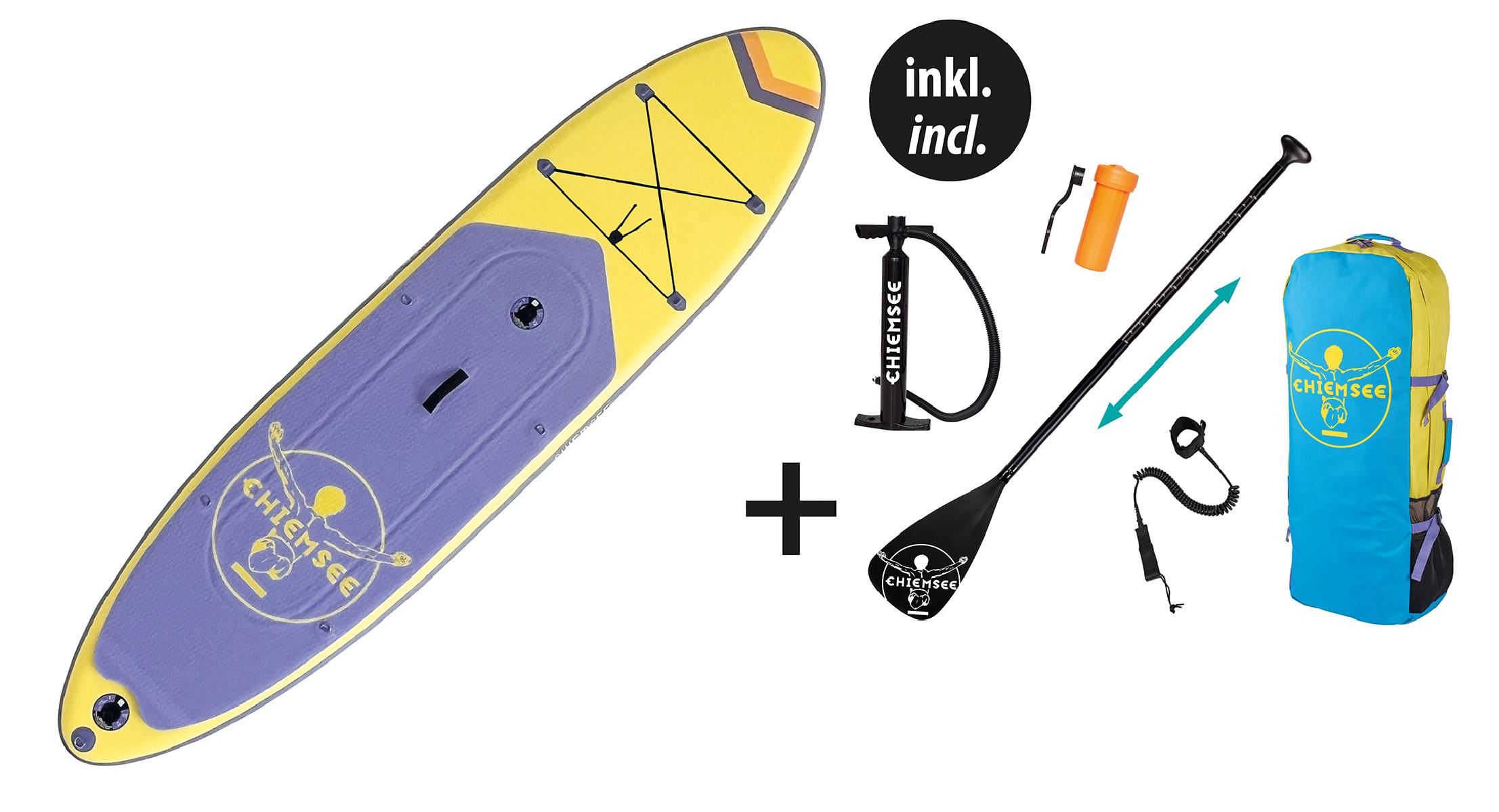 Chiemsee - SUP-Set inkl. Board, Paddel, Pumpe, Leash & Rucksack (gelb/lila) Stand-Up Paddle