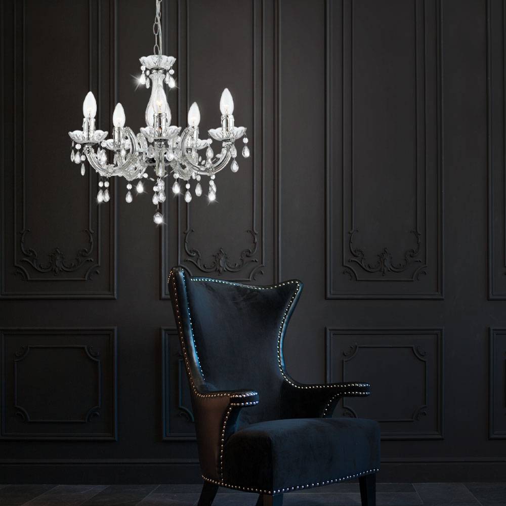 Kronleuchter Kristall Hängeleuchte chrom Esstischleuchte Lüster Pendellampe Kristallbehang klar, 5x E14 Fassung, DxH 44x128 cm