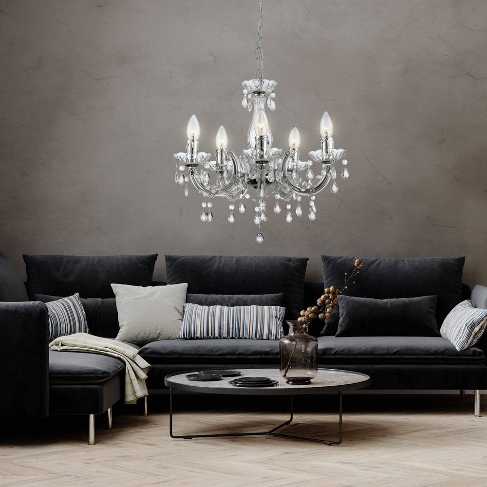 Kronleuchter Kristall Hängeleuchte chrom Esstischleuchte Lüster Pendellampe Kristallbehang klar, 5x E14 Fassung, DxH 44x128 cm