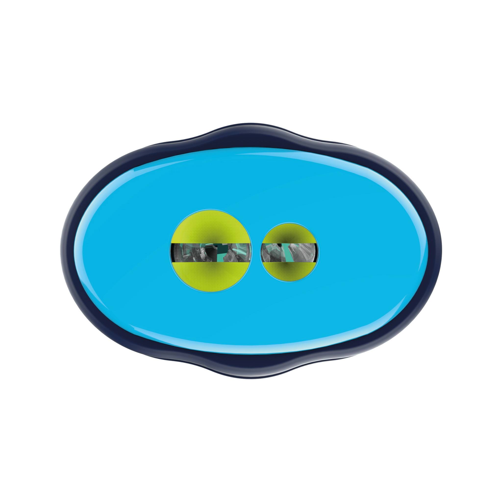 Abstraktes blaues ovales Logo mit zwei kleinen grünen Kreisen in der Mitte, das einem stilisierten Gesicht oder Symbol ähnelt.