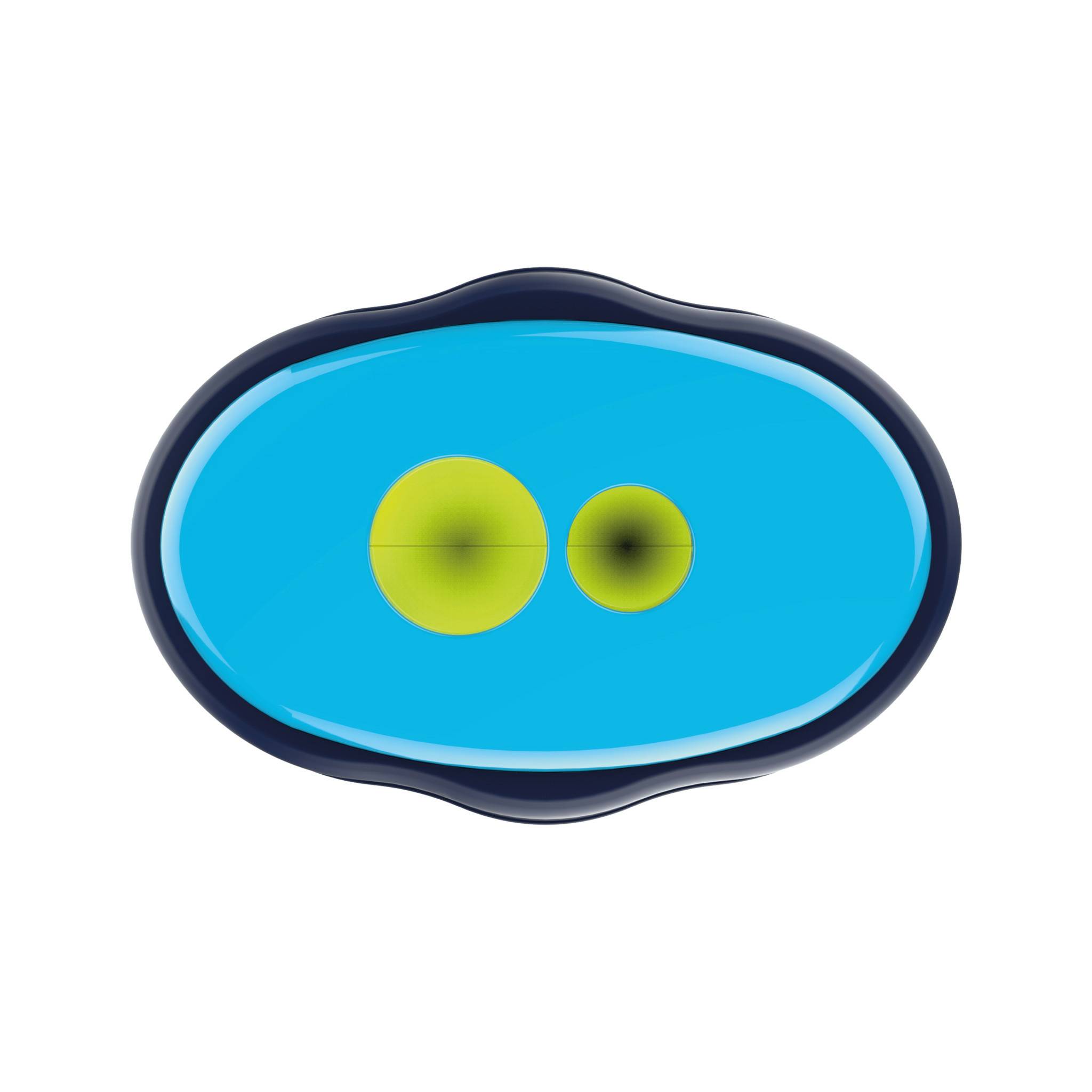 Abstraktes blaues Oval-Symbol mit zwei gelben kreisförmigen Formen, die in einem dunkel umrandeten Rand auf weißem Hintergrund zentriert sind.