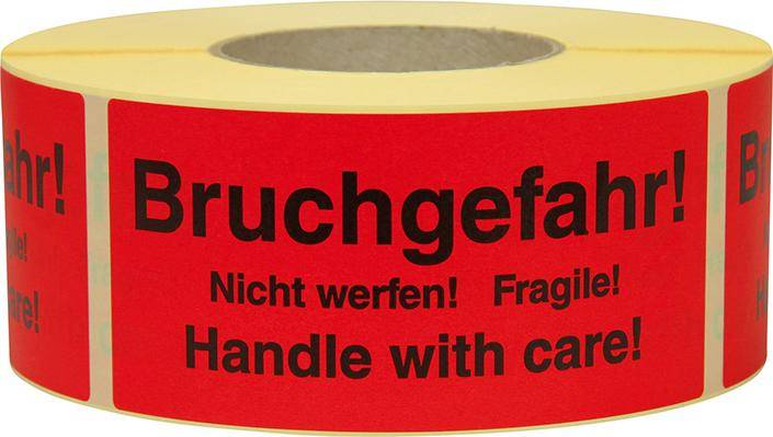 Warnetiketten Maße 145x70mm Papier rot Bruchgefahr Nicht werfen! Fragile!