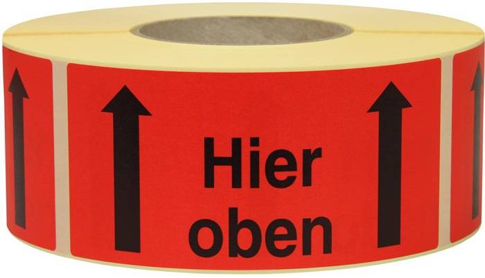 Warnetiketten Maße 145x70mm Papier rot Hier oben TRANSPAK