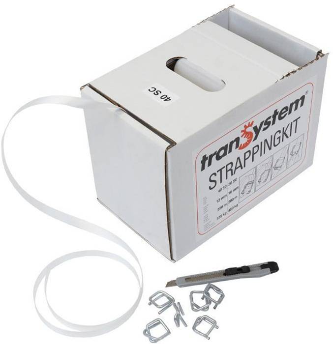 Umreifungsband im Spenderkarton B.13mm S.0,5mm L.250m PES ws 100 Metallklammern