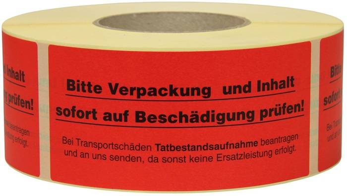 Warnetiketten Maße 145x70mm Papier rot Verpackung u. Inhalt auf Beschäd. prüfen