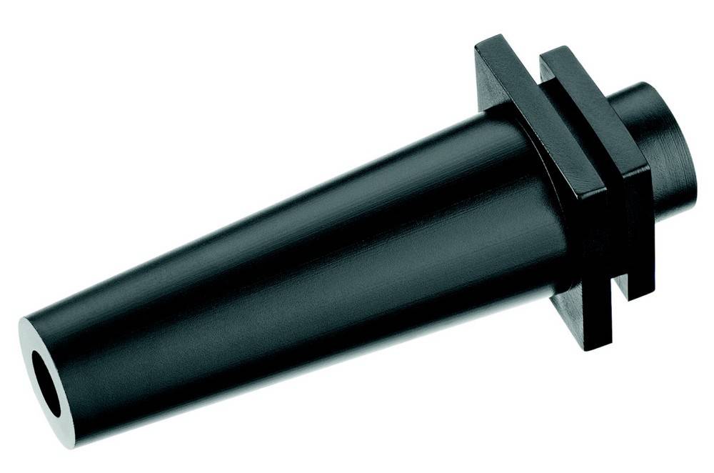 Eine Nahaufnahme eines schwarzen, zylindrischen Objekts mit einem quadratischen Metallverbinder am Ende, möglicherweise Teil einer mechanischen oder industriellen Vorrichtung.