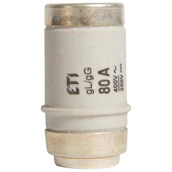 Eine zylindrische elektrische Sicherung mit der Bezeichnung 'ETI gl/gG 80A 400V 250V', die zur Stromkreisabsicherung in elektrischen Systemen verwendet wird.