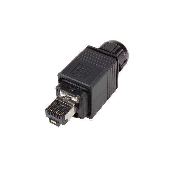 Ethernet-Steckverbinder mit Schutzgehäuse, ausgestattet mit robustem Gehäuse, Metallkontakten und einem Schraubverschlussmechanismus für sichere Verbindungen.