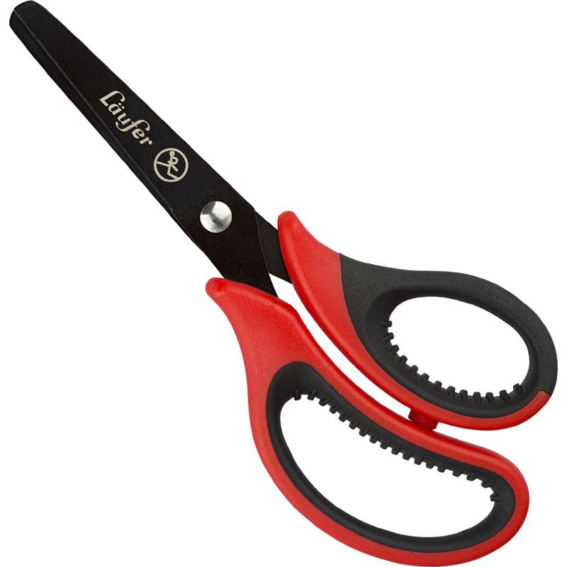 Kinderschere mit roten und schwarzen abgerundeten Griffen und stumpfen Klingen, die Verletzungen während des Gebrauchs verhindern.