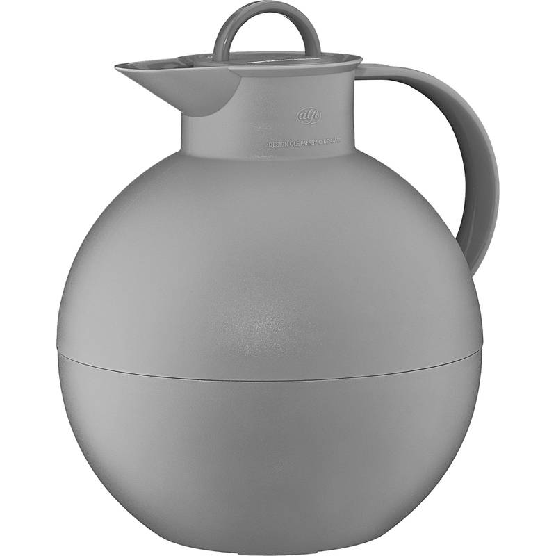 Ein rundes, graues Thermoskanne mit Henkel und Ausguss, konzipiert zum Aufbewahren von Getränken.