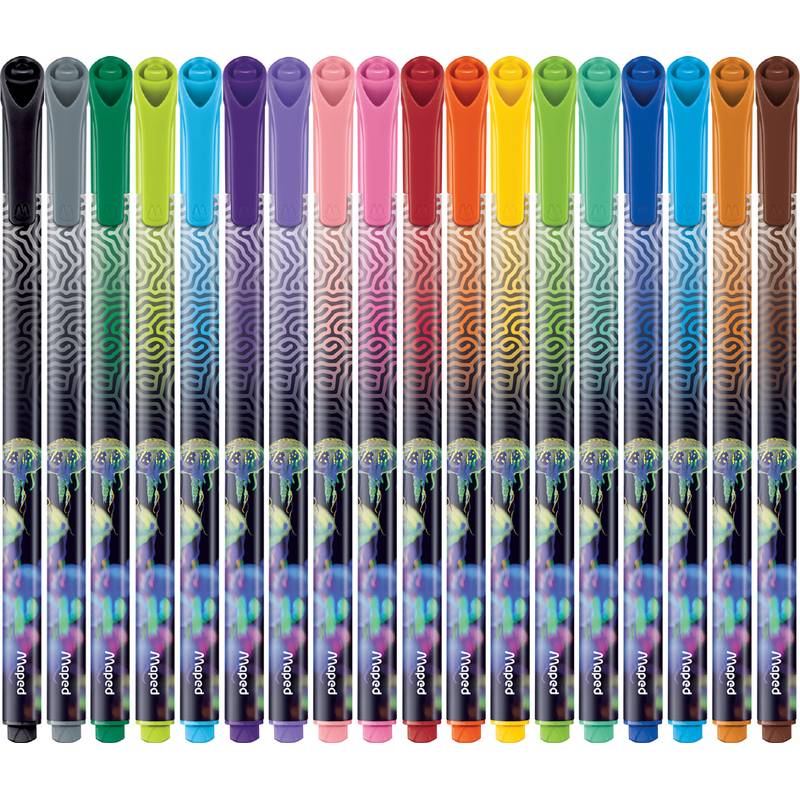 Eine Reihe von 20 bunten Stiften mit verschiedenfarbigen Kappen, darunter schwarz, grün, rosa und blau, vertikal auf einem neutralen Hintergrund angeordnet.