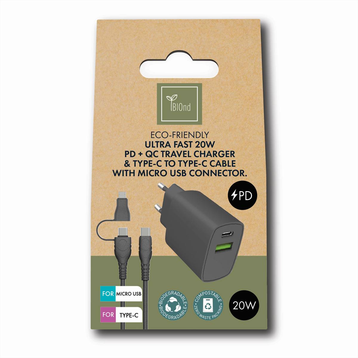 BIOnd BIO-CMC-20W PD 20W Charger Dual Port + USB-C KABEL