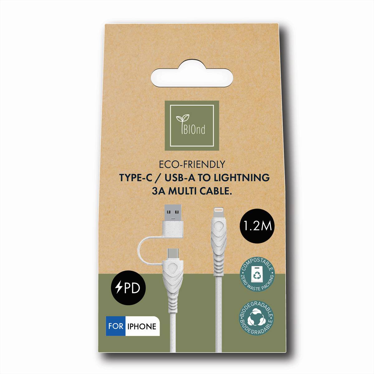 BIOnd BIO-CT-IP USB-C to 8PIN & USB-A 3,5A Cable, 1,2 m