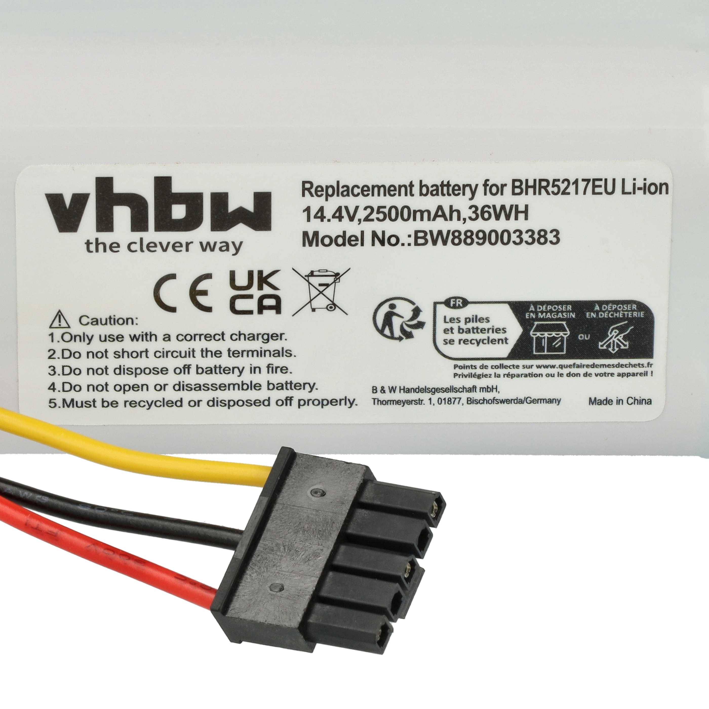 Ersatzbatterie für BHR5217EU Li-Ion, 14,4V, 2500mAh, 36Wh. Inklusive Verdrahtungssatz. Modellnummer: BW889003383.
