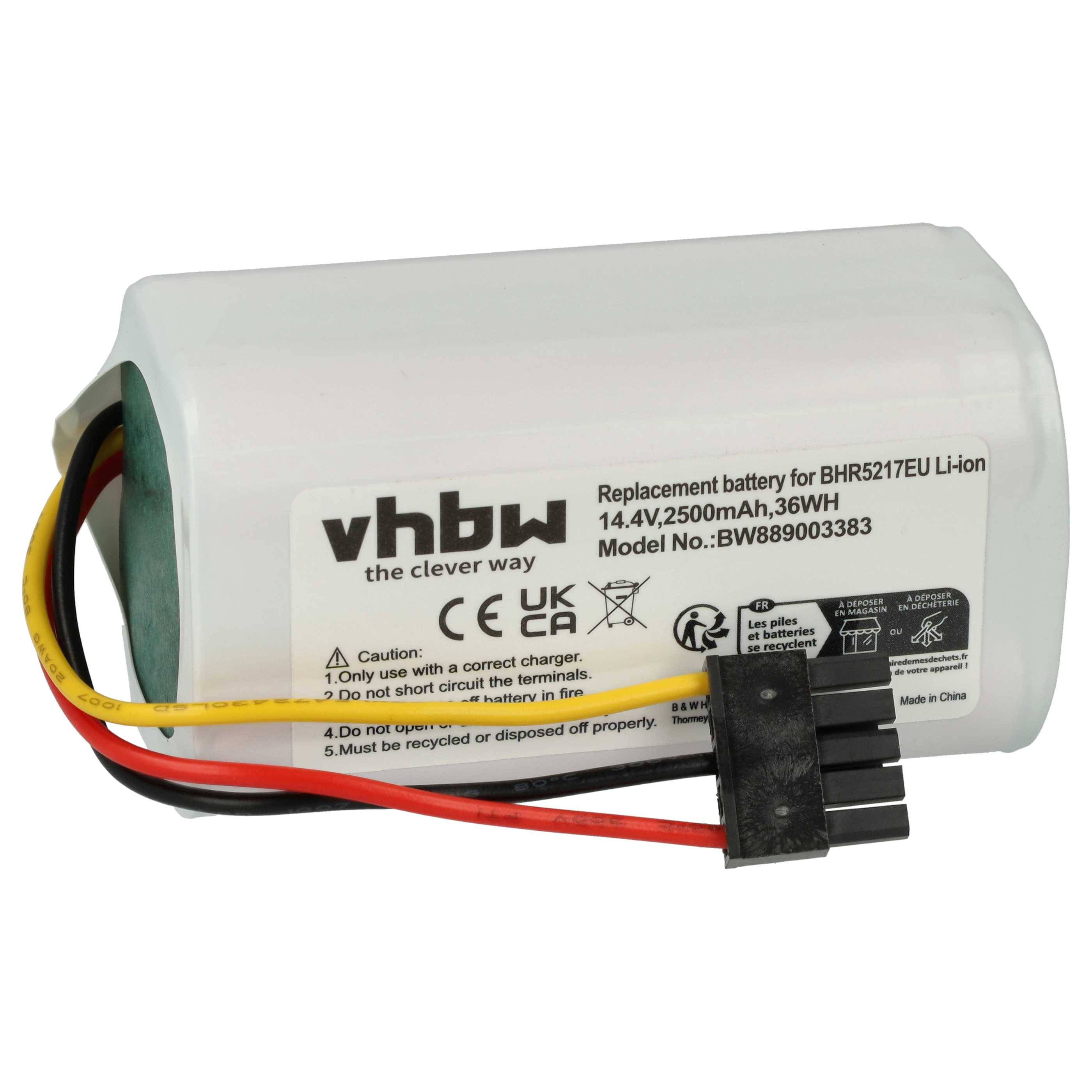 Ersatzbatterie für BHRS21/TEU Li-Ionen, 14,4V, 2500mAh, 36Wh. Modell: BW89003383. Inklusive Kabel und Sicherheitsanweisungen.