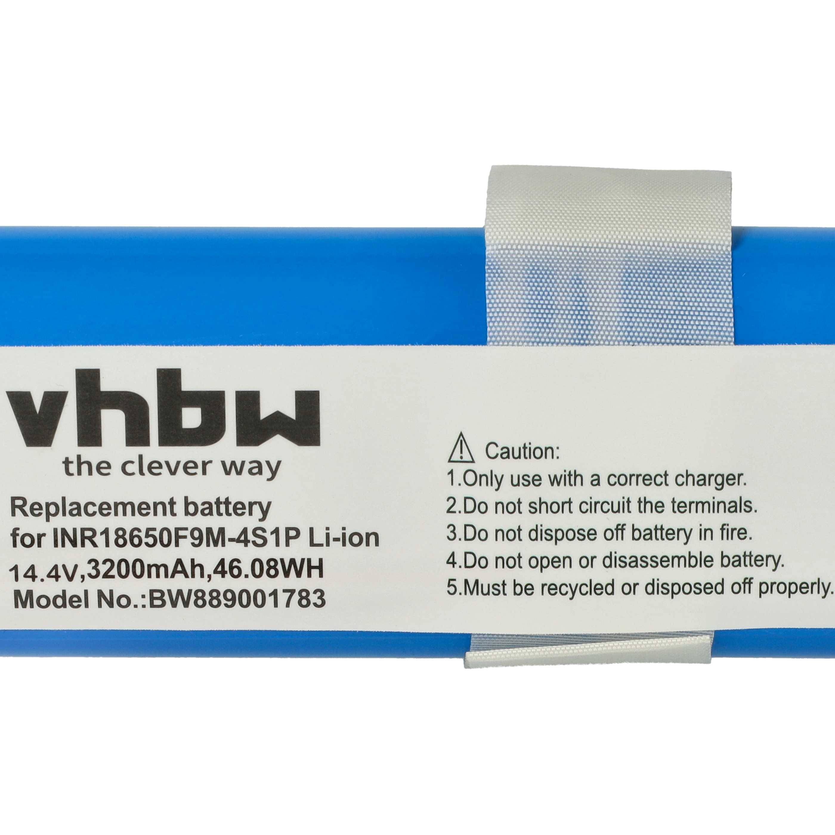 Ersatzbatterie mit 'vhbw' Branding. Wichtigste Spezifikationen: INR18650F9M-4S1P, 14,4V, 3200mAh, 46,08WH. Vorsicht: Korrektes Ladegerät verwenden, nicht dem Feuer aussetzen.