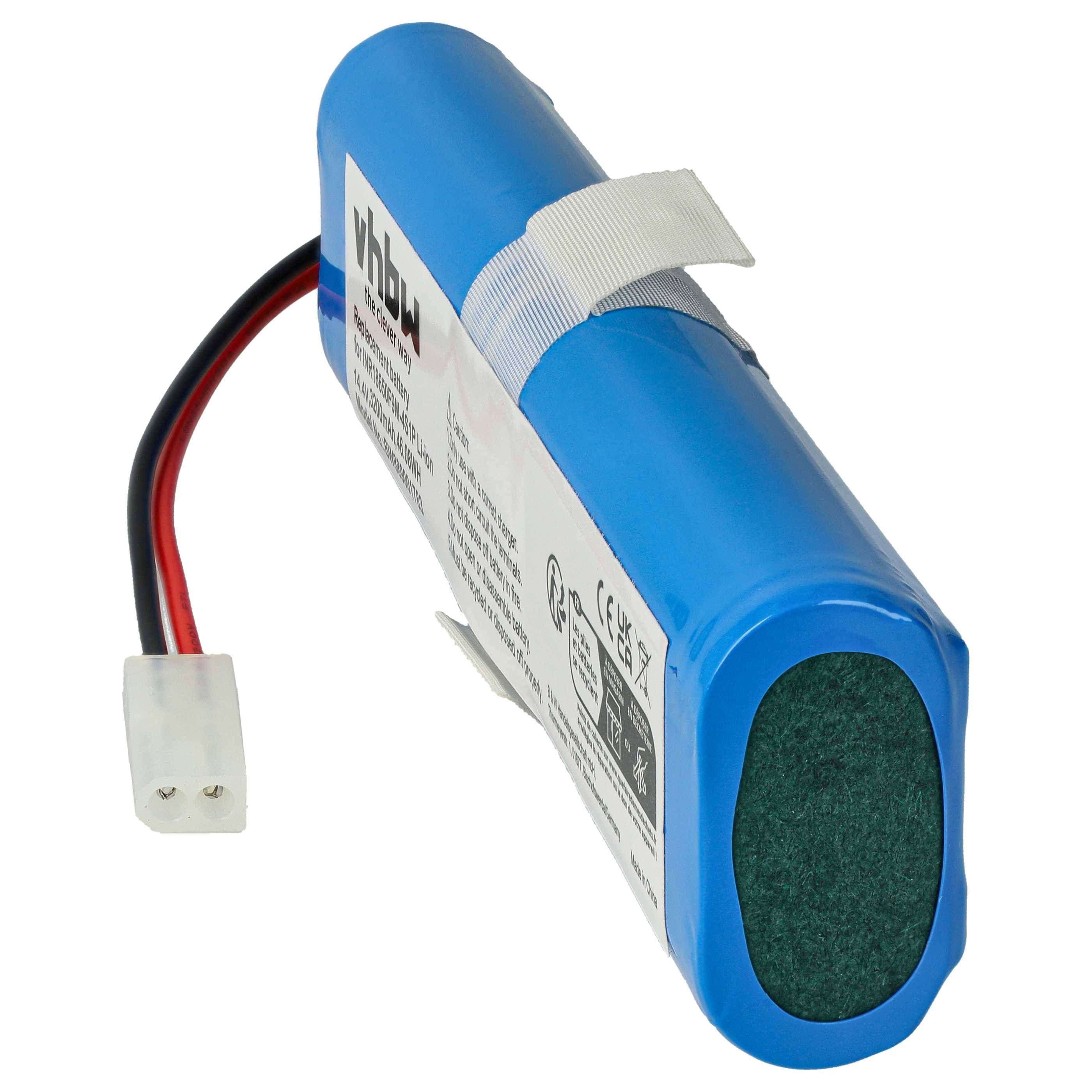 Ein blauer, rechteckiger wiederaufladbarer Batteriesatz mit angebrachten Drähten und einem Stecker, gekennzeichnet mit Spezifikationen und Sicherheitsinformationen.