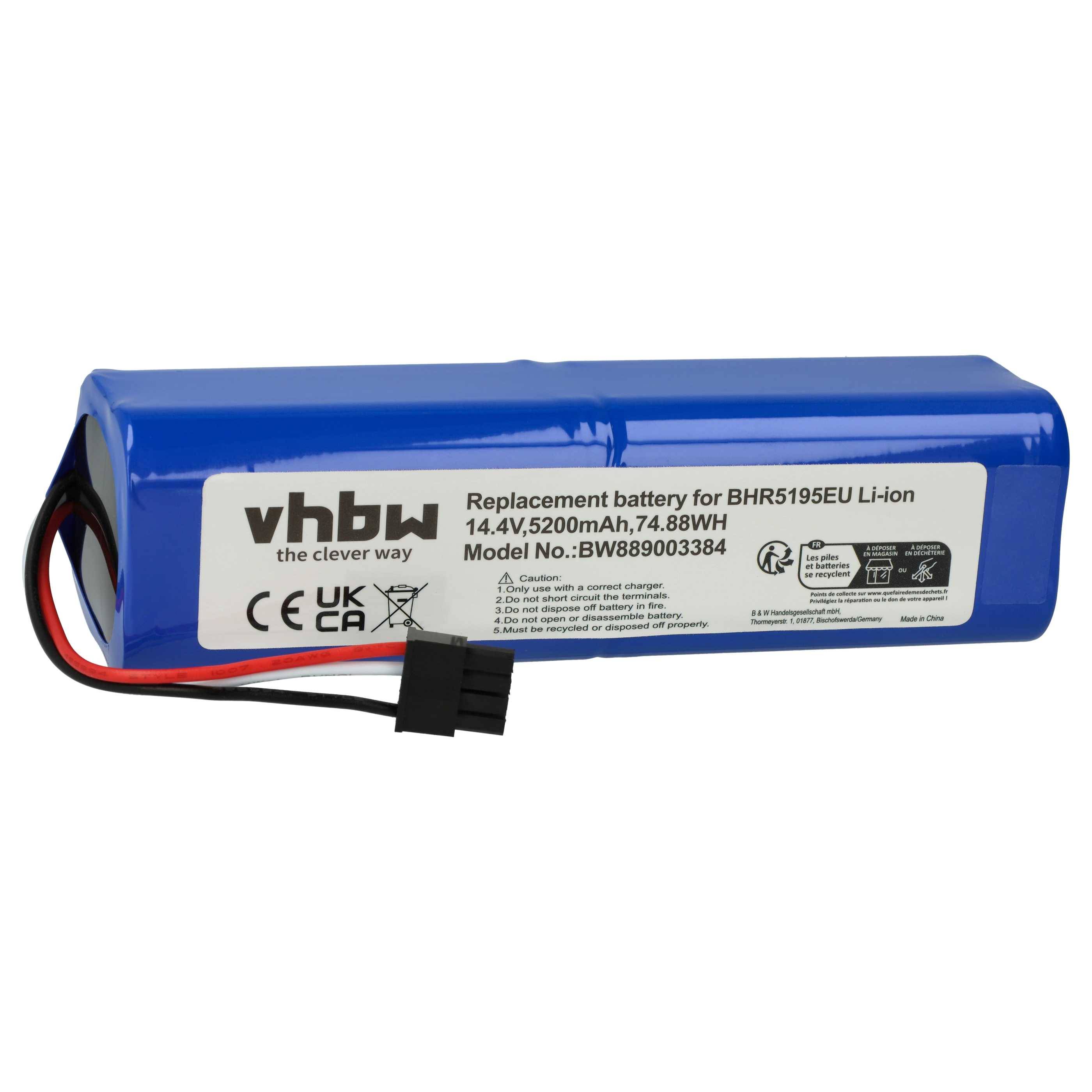 Blaues aufladbares Batteriepaket mit der Bezeichnung vhbw Ersatzbatterie für BHR5195EU, 14,4V 5200mAh, mit angeschlossenen Anschlussleitungen.